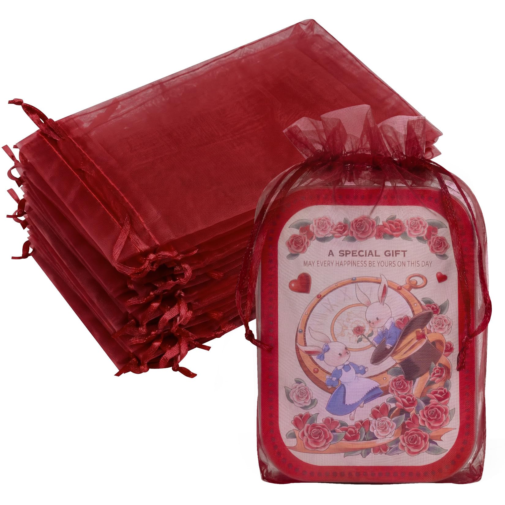 Crweety 50PCS Organza Bags 6x9 Burgundy Small Gift Bags Mesh Drawstring