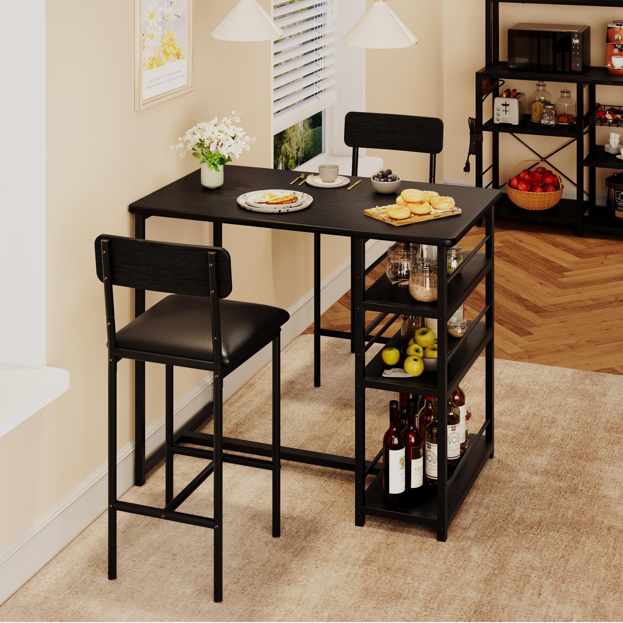 Mesa de cocina pequeña, mesa de comedor con 2 sillas, 3 estantes laterales, mesa de bar con taburetes de bar, conjunto de comedor para cocina, comedor, salón, color negro