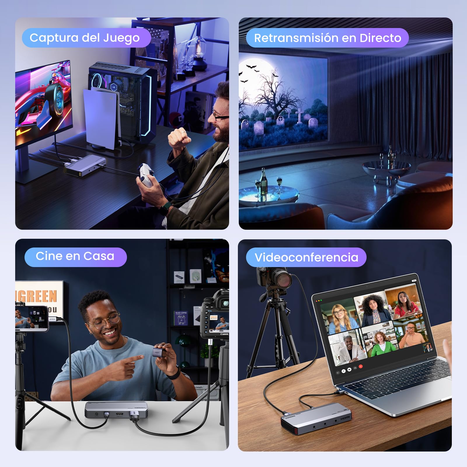UGREEN Tarjeta de Captura Video HDMI USB 3.0 4K60Hz / 2K144Hz HDR VRR Tarjetas de Adquisición Grabación Streaming Jack 3.5mm Micrófono Auricular Compatible con iPad Switch PS5 Xbox PC Mac
