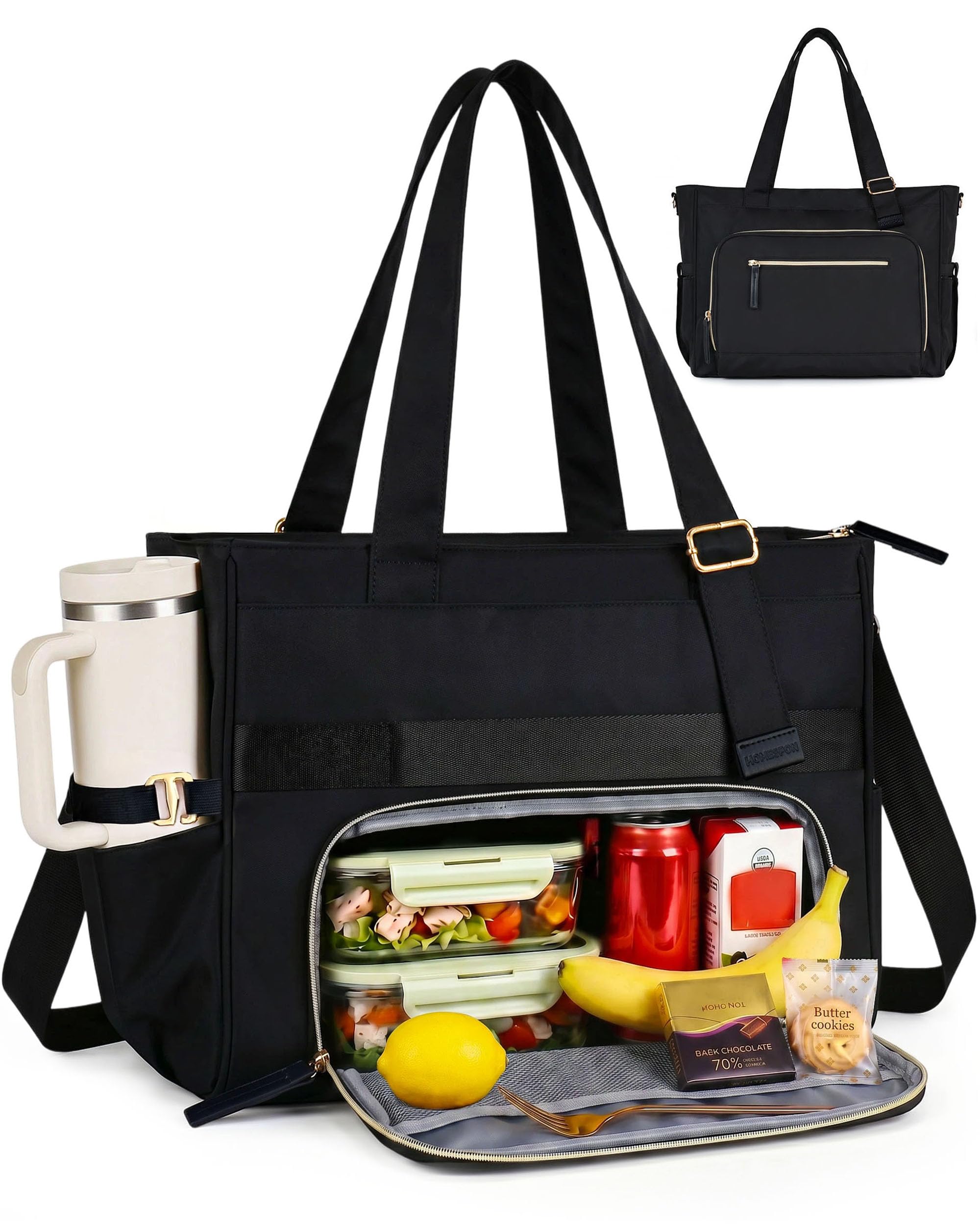 HOMESPON Lunch Bag for Women Insulated Lunch Tote with Laptop Compartment Large Work Tote Fits 15.6'' Laptop 3-in-1 Lunch Bag with Cup Holder Shoulder Strap (Black)