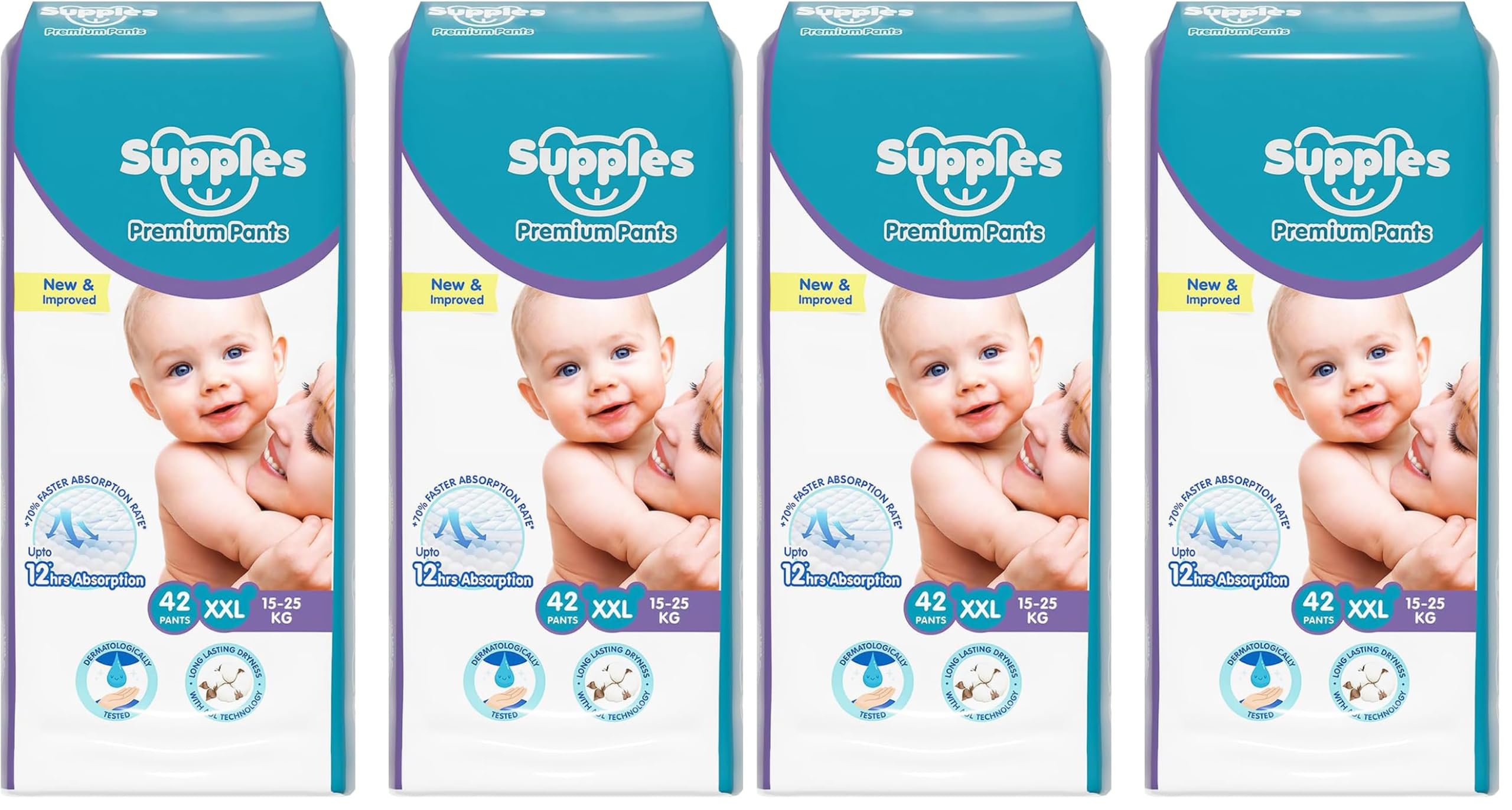 Amazon Brand - Supples Premium Baby Diaper Pants | 84 Baby Diapers | XXL | 15-25 Kg | 42 x 4 Packs | 12 Hrs Absorption | Cushiony Cotton Soft Fabric | Phthalates-Free | Triple Leak Guard-image-30