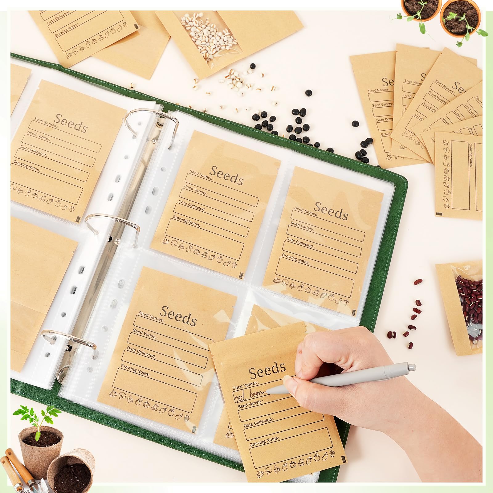 SUMMORO Organiseur de rangement de graines - Organiseur de paquets de graines de jardin avec 50 pochettes qui stockent 200 enveloppes de graines - 100 enveloppes refermables pour le stockage des