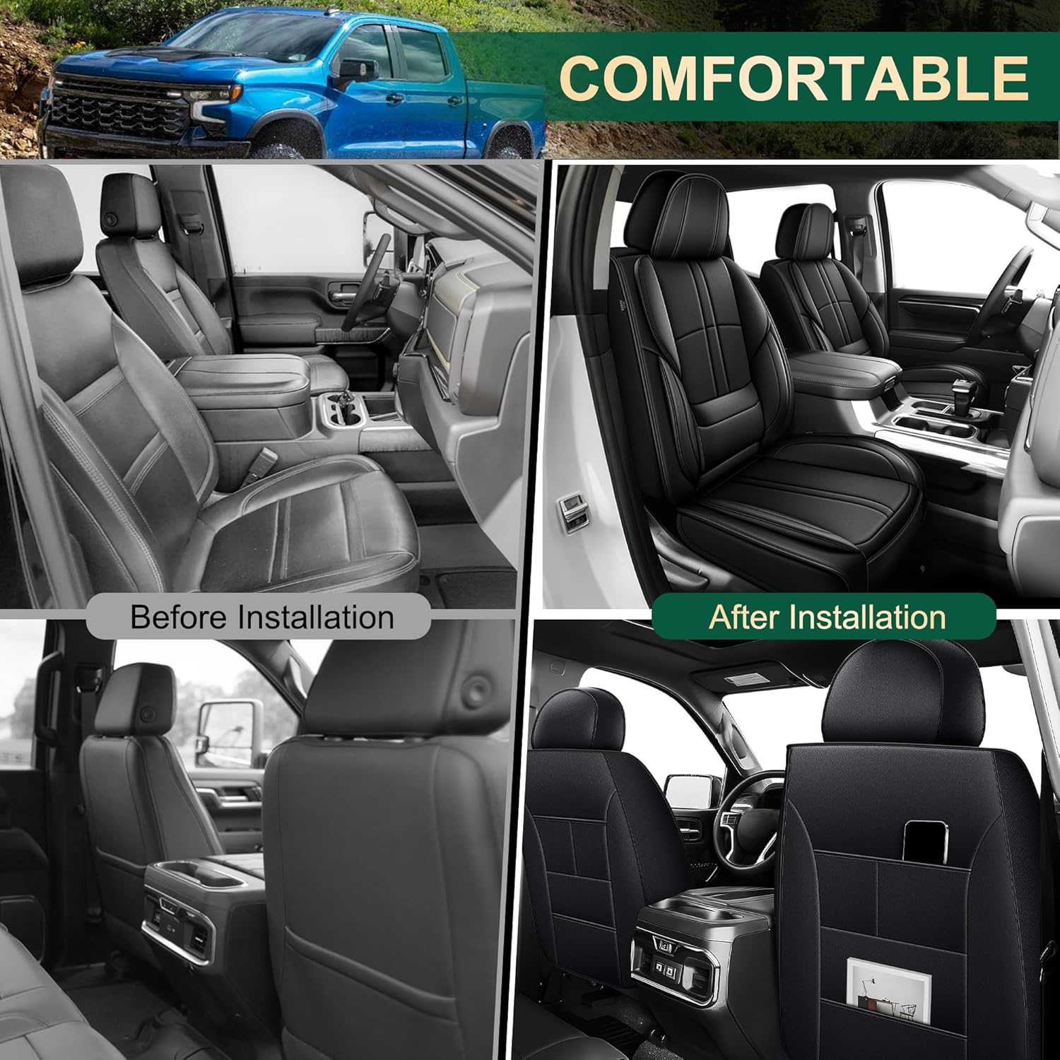 for Chevy Silverado Seat Covers 2007-2025 2026 for GMC Sierra Seat Covers 2007-2025 2026, 1500 2500HD 3500HD, Leather Ice Silk Waterproof Trucks Pickup Seat Covers Custom Fit