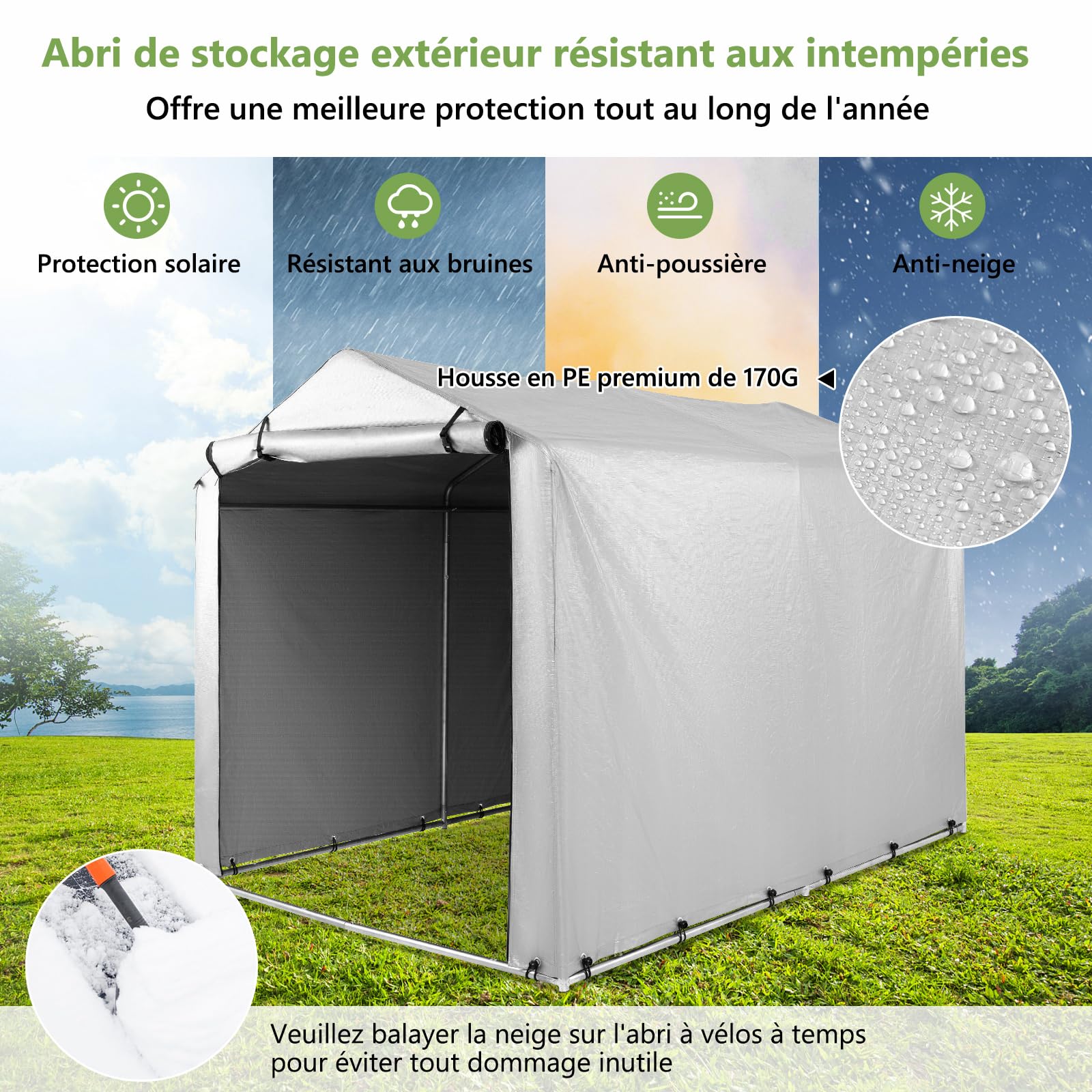 COSTWAY Abri de Vélos Extérieur de 160 x 218 x 164 cm, Abri de Garage Portable pour Vélos avec Porte à Fermeture Éclair Enroulable, Bache Motos pour Terrasse Jardin Cour (Gris Argenté)
