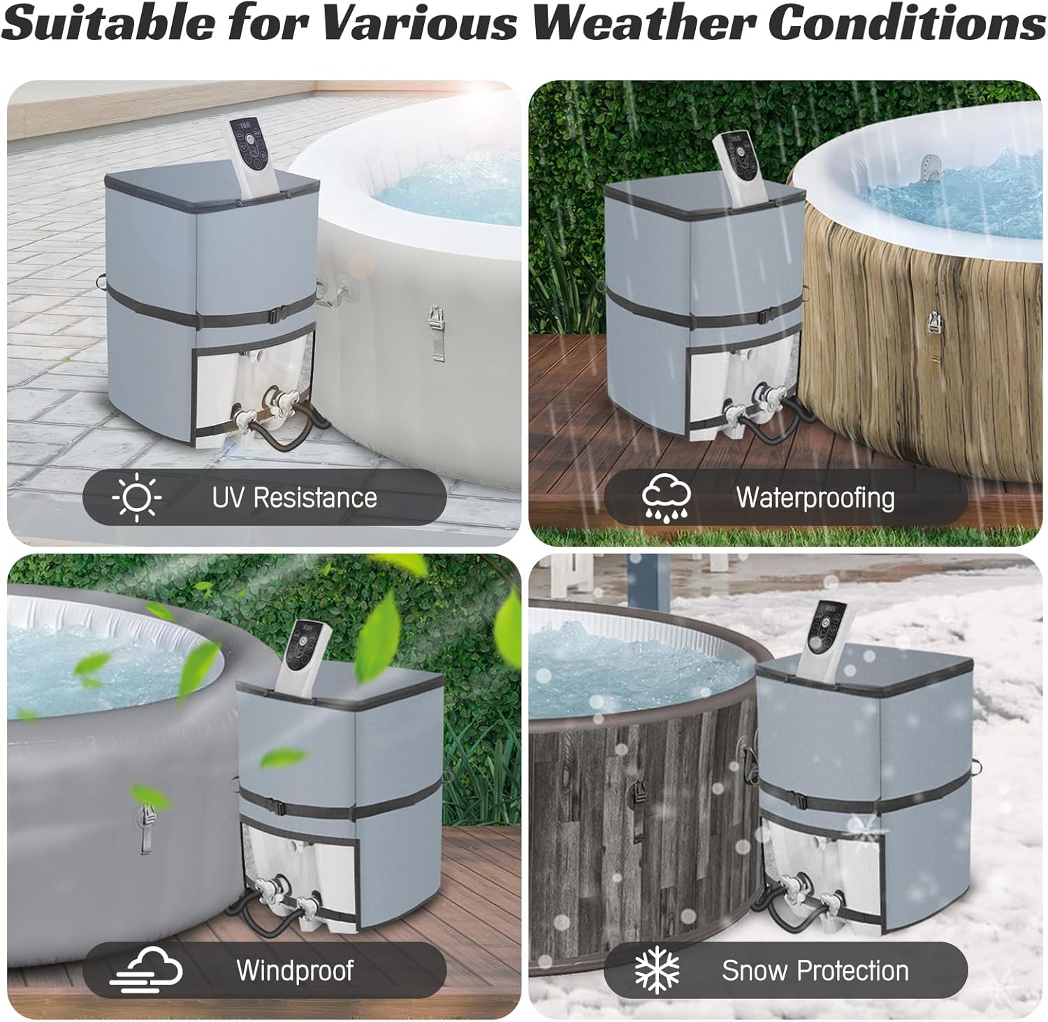 Hot Tub Spa Heater Pump Cover,14.1" D x 12.9" W x 18.9" H Waterproof 600D Oxford Fabric Aluminum Film Insulated Cover,Inflatable Hot Tub Accessories,Easy Installation with Zipper,Grey,Square