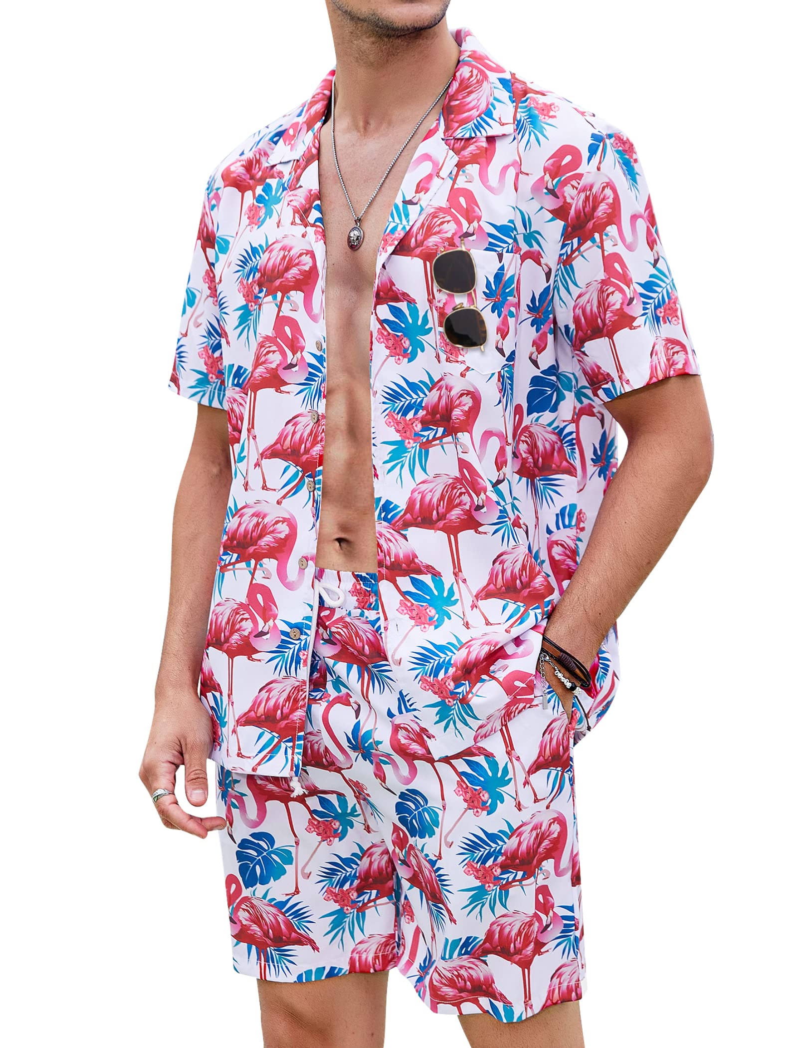 COOFANDYMen's Hawaiian Sets Casual Button Down 2 Piece Suit Floral Pattern Printed Summer Shirt for Vacation