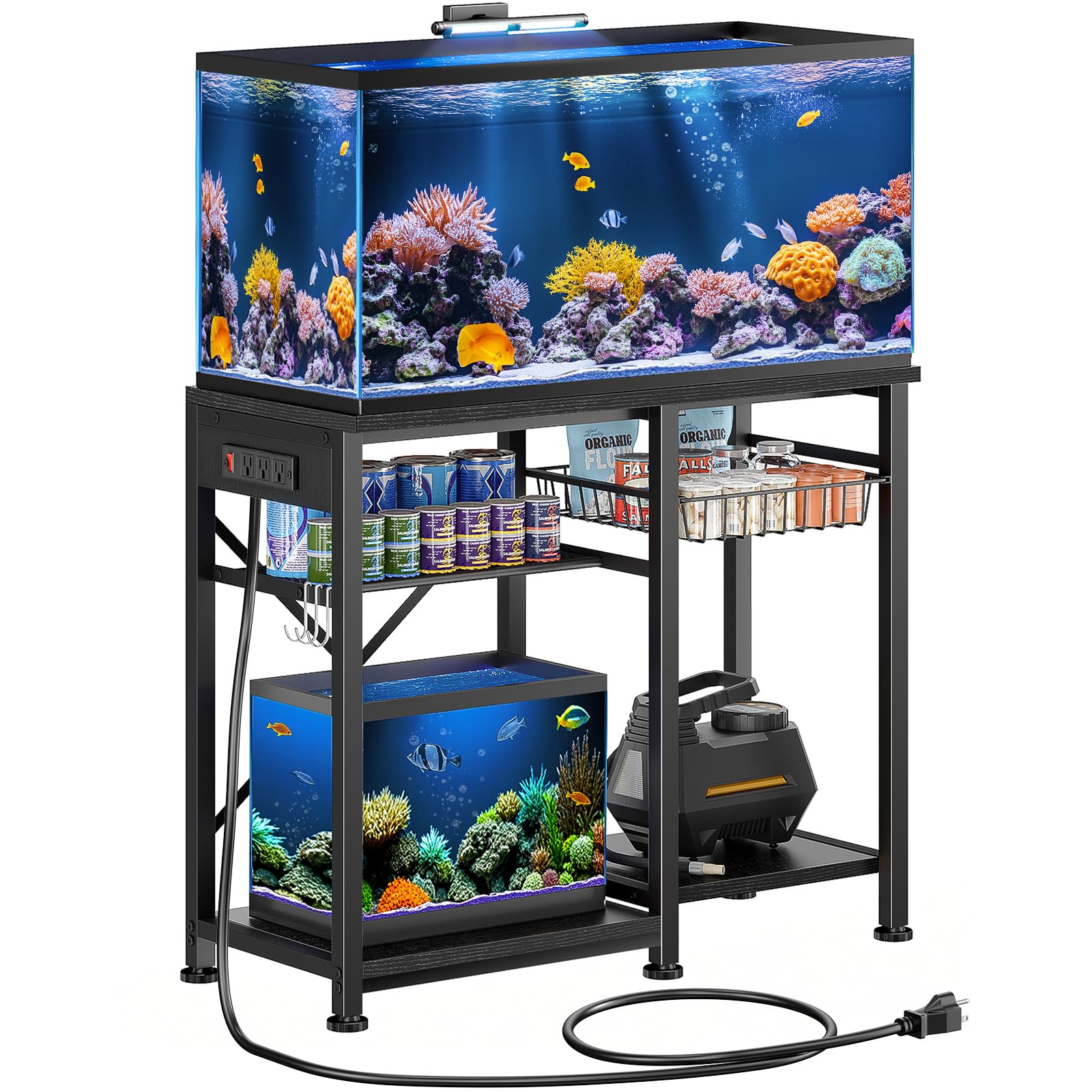20-29 Gallon Aquarium Stand with 6 ft Power Strip, 5-Tier Metal Frame Fish Tank Stand 20 Gallon Fish Tank Stand 31.5" L*15.75" W Tabletop 400lbs Capacity (Pure Black, 20-29 Gallon)