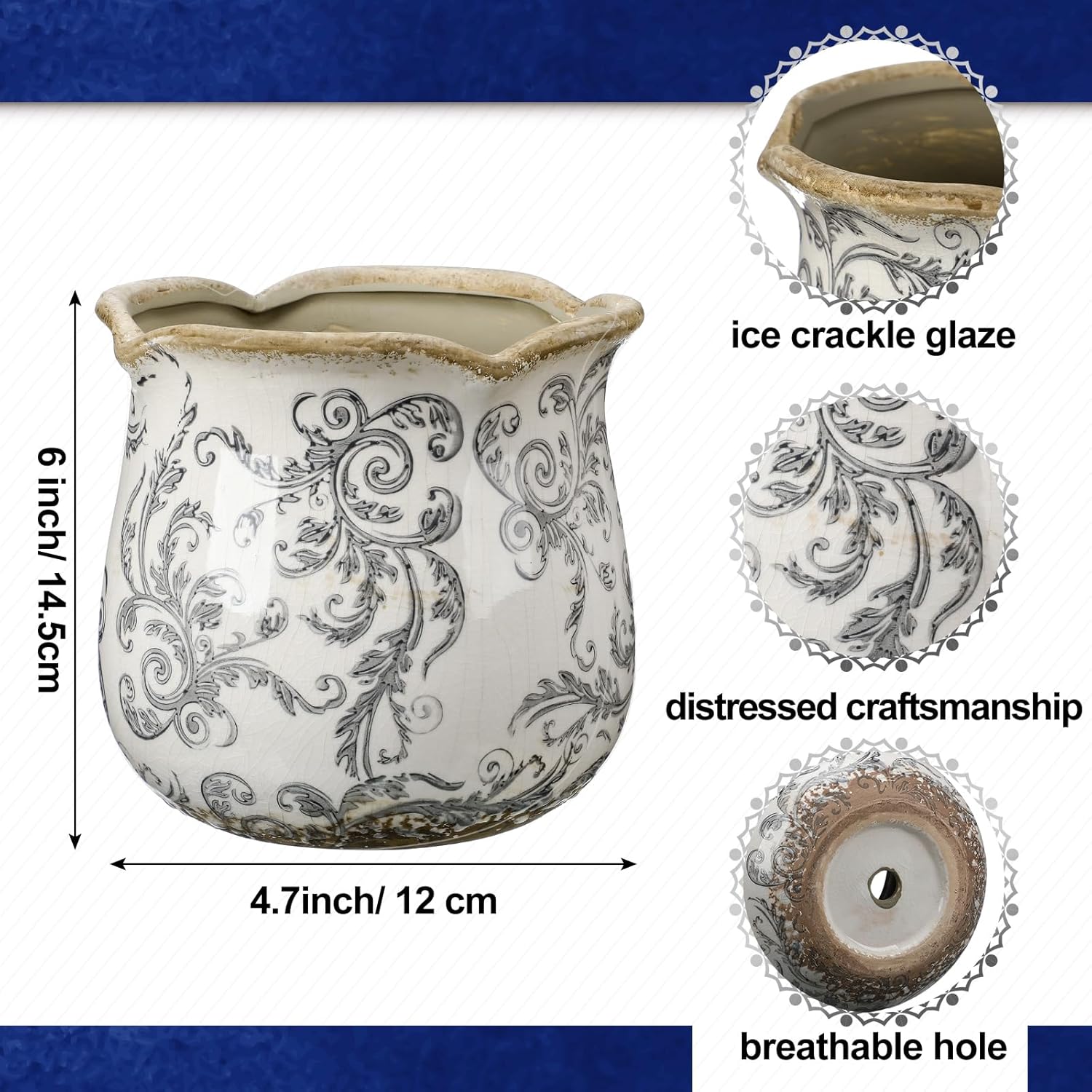 Newtay 6 Inch Ceramic Planter Gray Scroll Planter Decorative Plant Pots with Crackle Glaze for Home Kitchen