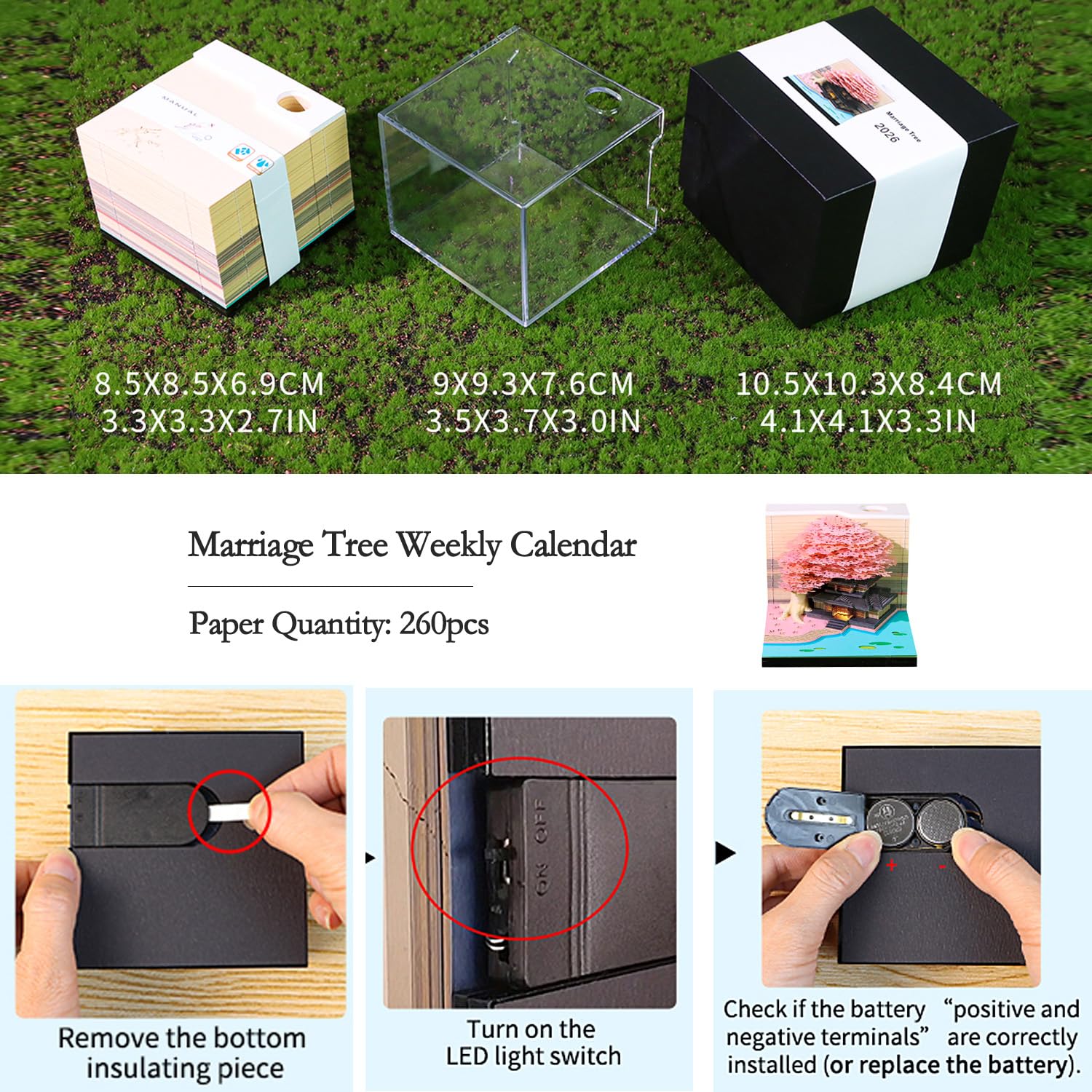 RSLIPIN 3D-Notizblock, Zeitmesserkalender 2026, 3D-Kalender 2026, Heiratsbaum, Abreißkalender, Kunst, Notizen für Aufzeichnung, Lesezeichen, Geschenk und Dekoration