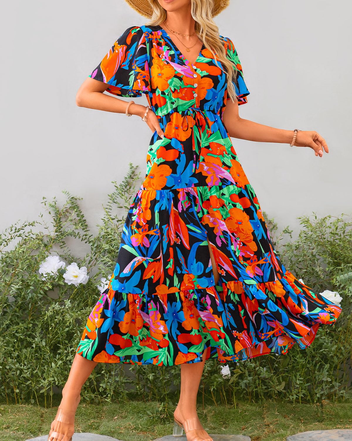 Zenlonr Vestidos de verano para mujer, estilo casual, de manga corta, cuello en V, con abertura, con botones, cordón, vestido largo para la playa