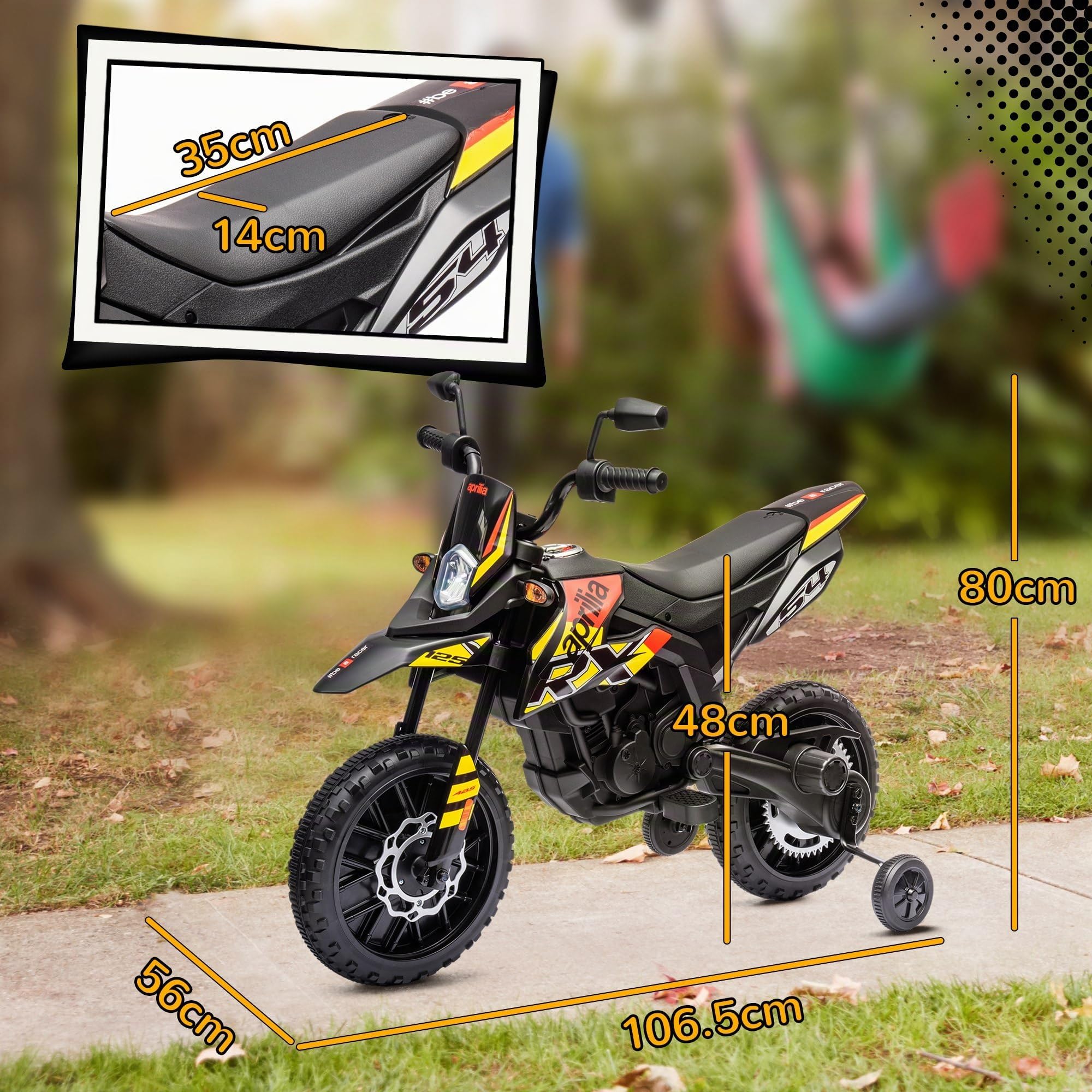 AIYAPLAY 12V APRILIA Moto Elettrica per Bambini 37-96 Mesi, Giallo | Doppi Motori, Motorino Elettrico, Rotelle di Supporto Rimovibili, Fari, Porta USB e Musiche, 6 km/h, Capacità 30kg