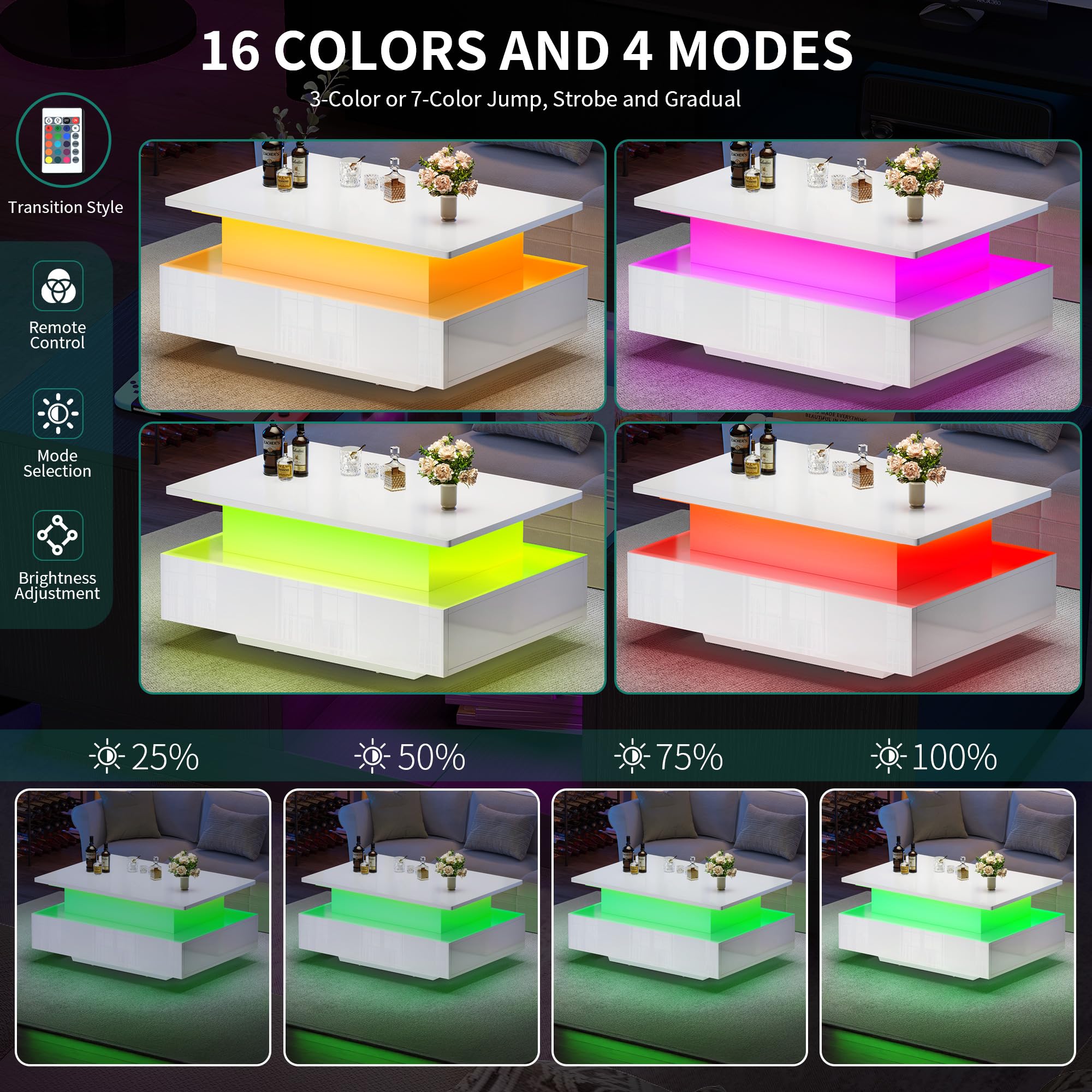 YITAHOME Mesa de Centro Elevable, Mesa de Salón Brillante Moderna con 16 LED de Colores y 2 Cajones
