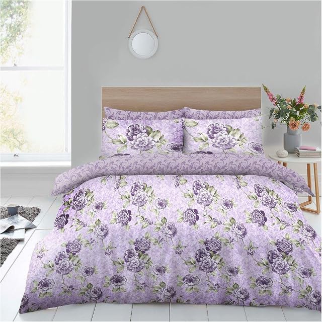 Lions 4 Piece Complete Bedding Set - Purple Flower Printed 1x Duvets Cover 2x Pillowcase 1x Bed Sheet, Ultra Soft Reversible Poly Cotton Quilt Covers for Girls Women, Double Bed Bedding