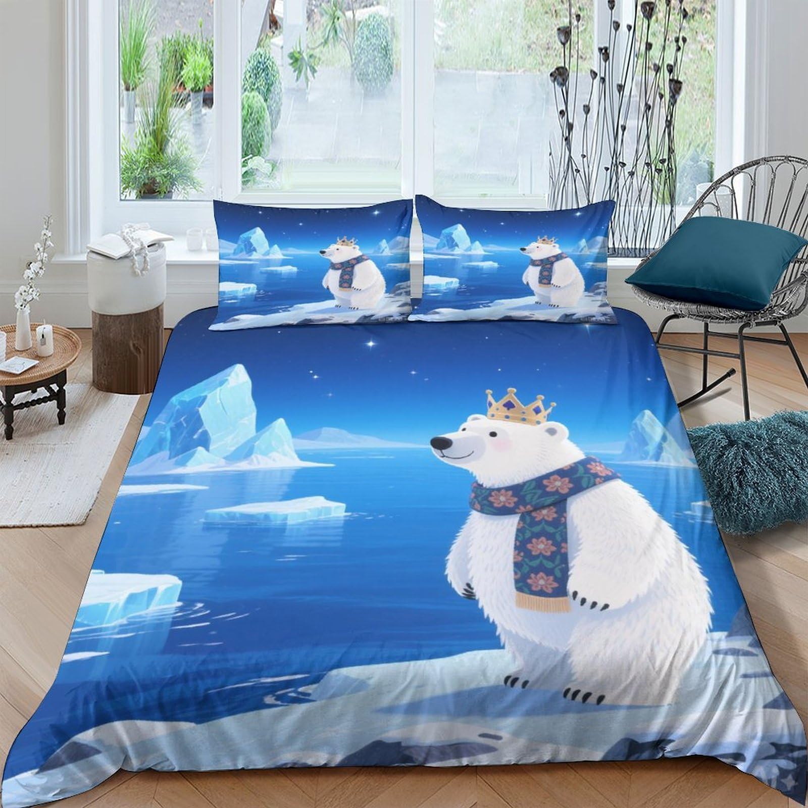 Housse de couette ours polaire 3D en microfibre 220x240cm avec taies d'oreiller pour lit King
