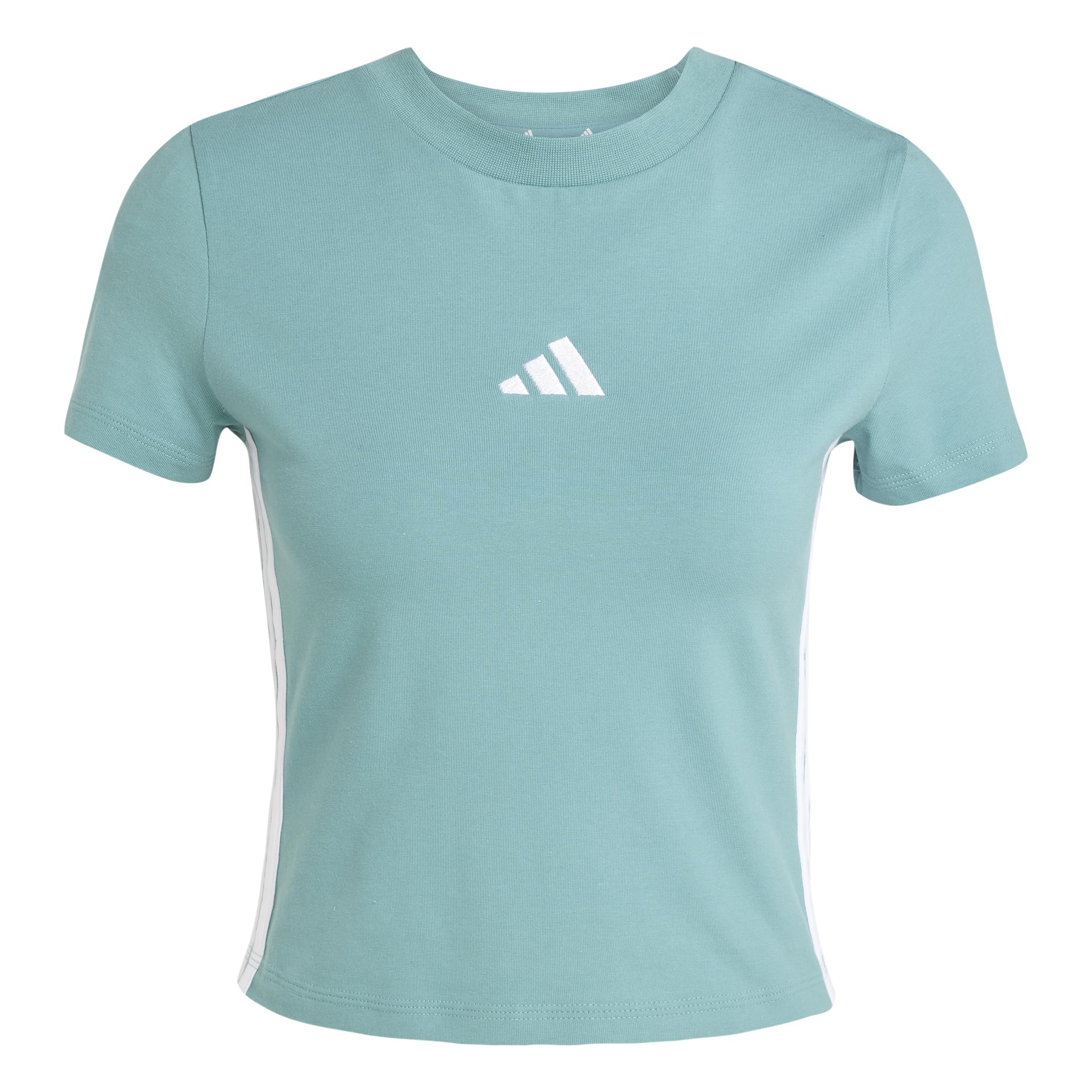 adidas Women's Essentials 3 Stripes Slim Baby T-Shirt, Powder Teal/White, XXL