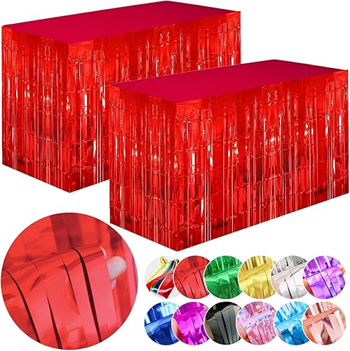 Juego de 2 guirnaldas de falda de mesa con flecos de papel de aluminio rojo, decoración de fiesta de oropel metálico para cumpleaños, Navidad, San