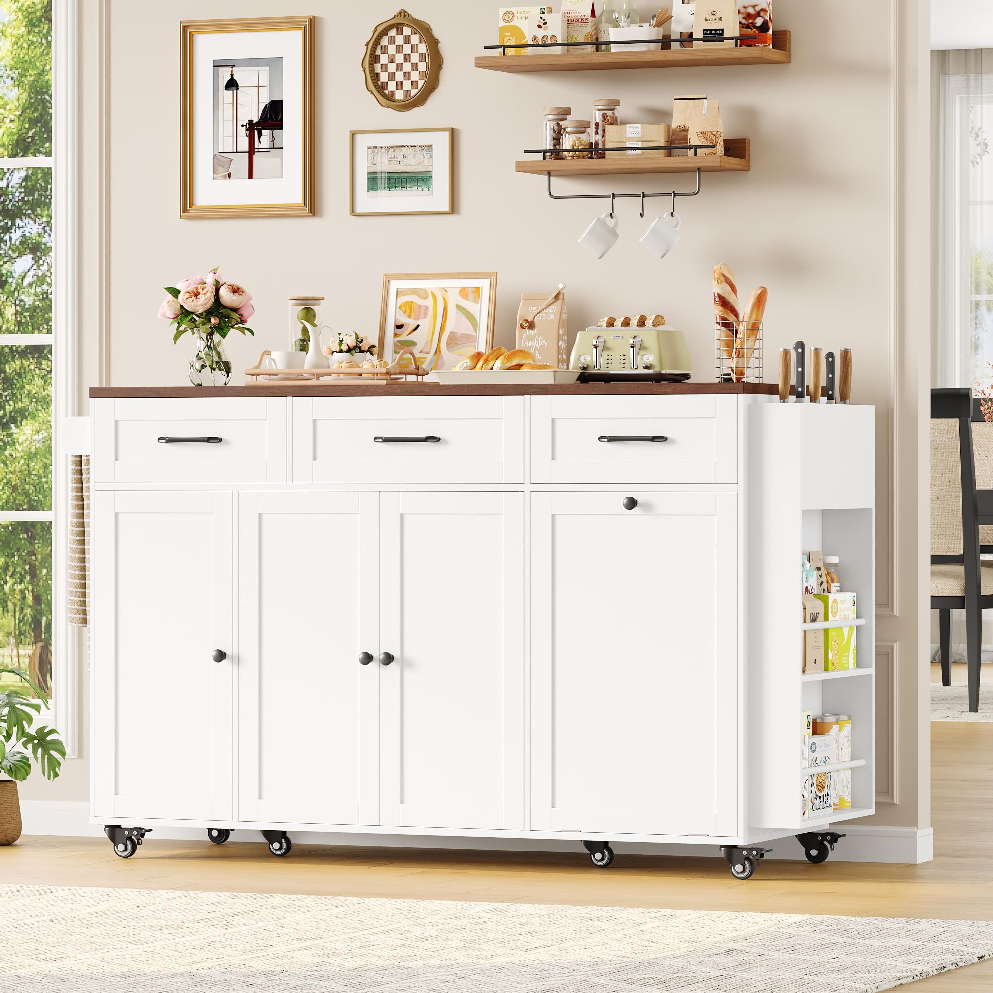 FirFurd Isola Cucina con Presa Integrata e Ruote, Carrello Cucina con Piano di Lavoro Pieghevole e Portacoltelli, Penisola Cucina con Spazio per Bidone, 135x60x88cm, Senza Bidone, Bianco