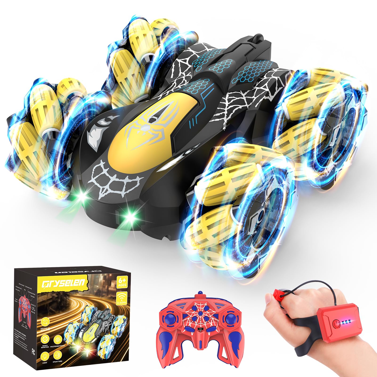 Qryselen Remote Control Car 2.4Ghz RC Cars with LED Lights Double Sided Off-Road 360°Rotating Roll RC Cars Rechargeable 4WD RC Stunt Car Indoor Outdoor Toys for Boys Girls 6-13 (Red) (Black)
