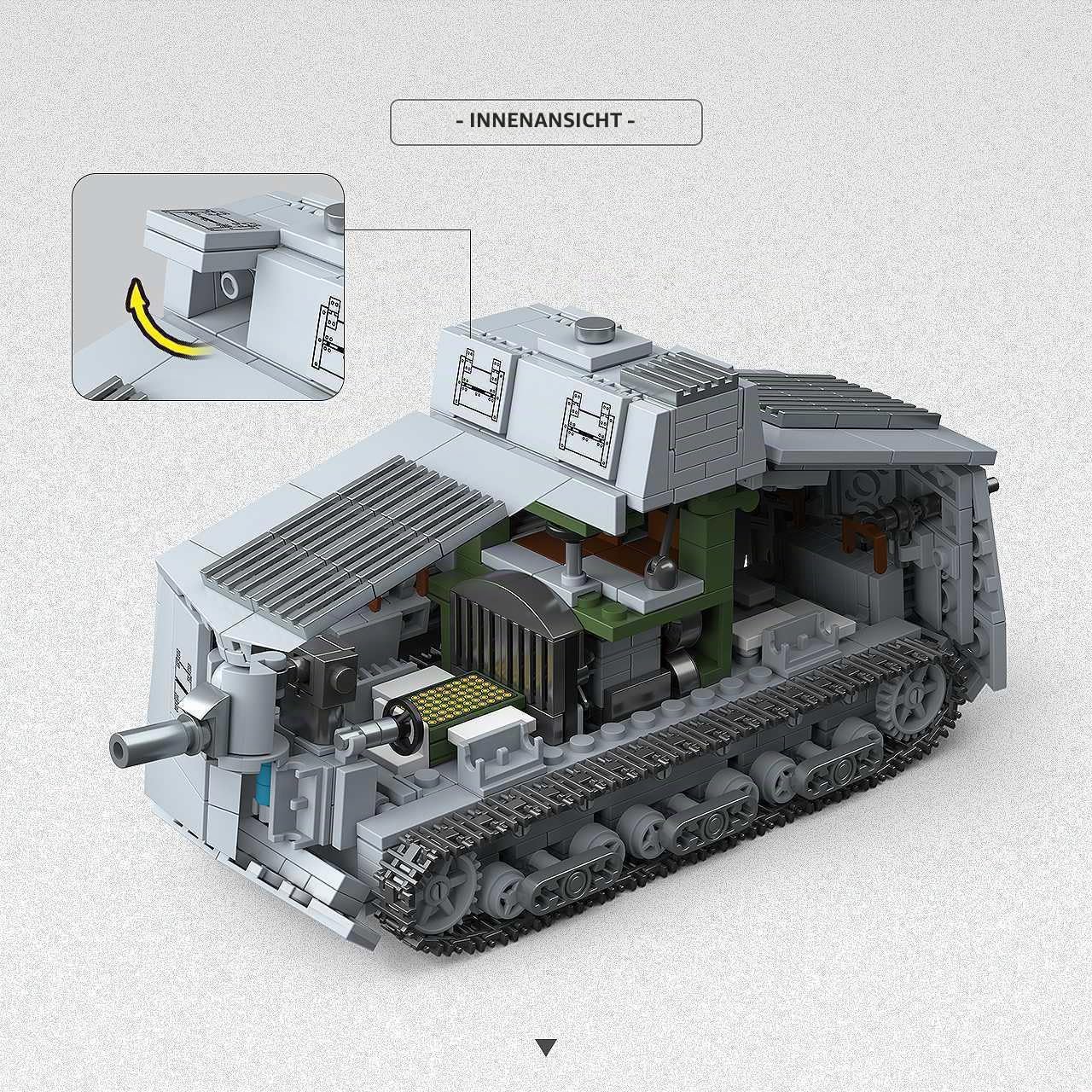 Technik Panzer Bausteine Bausatz, 940 Teile Militär A7V Schwerer Panzer Konstruktionsspielzeug, WW2 Armee Klemmbausteine Tank Modellbausatz, Geschenk für Teenager und Erwachsene