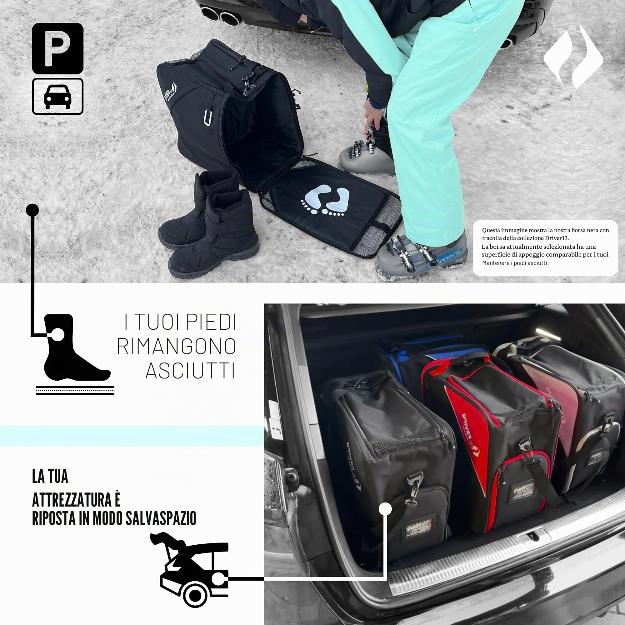 Driver13 zaino porta scarponi da sci con scomparto casco, bootbag per scarponi da sci e boots snowboard, dimensioni 40 x 28 x 44 cm, nero/grigio