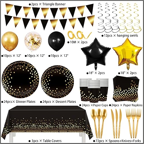 Miniatura 2 de Juego de vajilla desechable de lunares de papel de aluminio dorado rosa para 24 invitados, manteles de globos de papel de aluminio, pancartas con