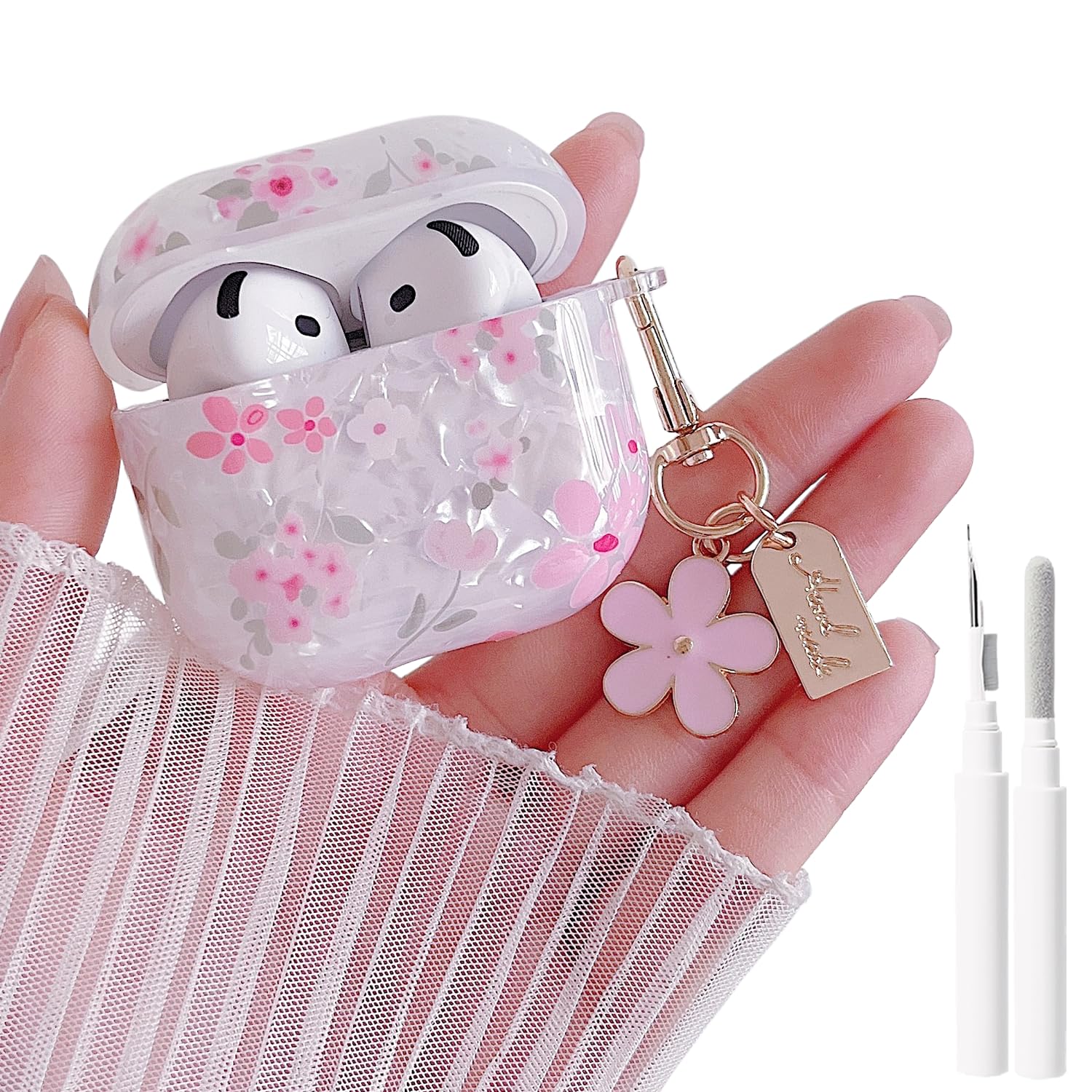 MINSCOSE for Cute Glitter AirPods 4 Clear Case,Shell Pattern Flower Aesthetics Design with Girly Floral Keychain,Soft TPU Protective Cover with Cleaner Kit for AirPods 4-Pink