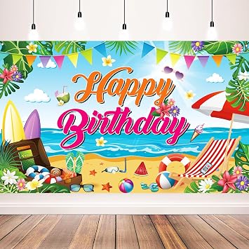 Summer Beach Birthday Backdrop, Happy Birthday Tropical Party Decorations Banner for Beach Summer Birthday Photo Booth, 71 x 43 Inch