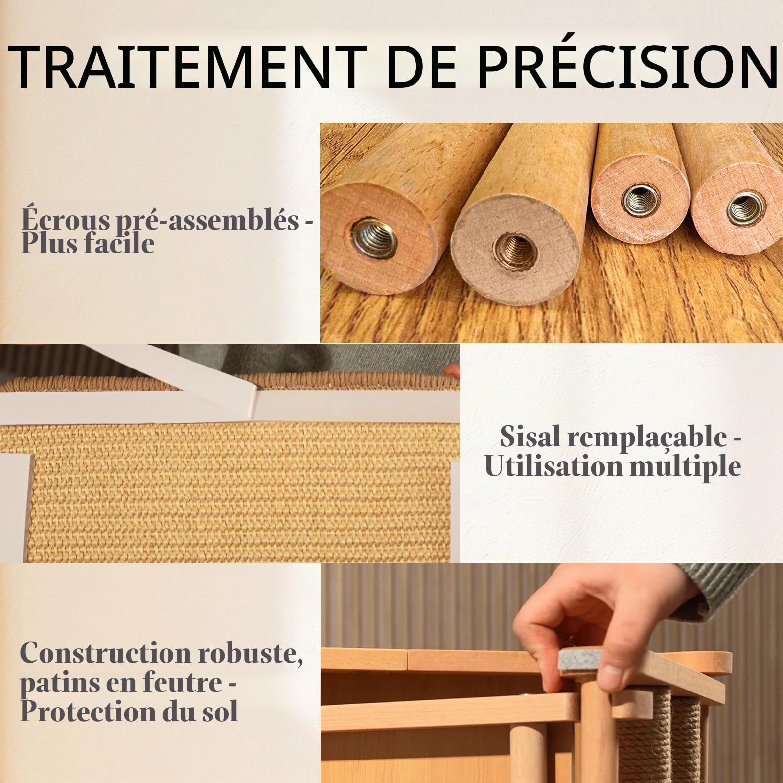 CheerPals Griffoir en sisal pour chat - Design triangulaire pliable - Bois de hêtre massif et tampon en sisal naturel - Grand 51 x 36 x 45 cm - Meubles pour animaux de compagnie pour tous les chats
