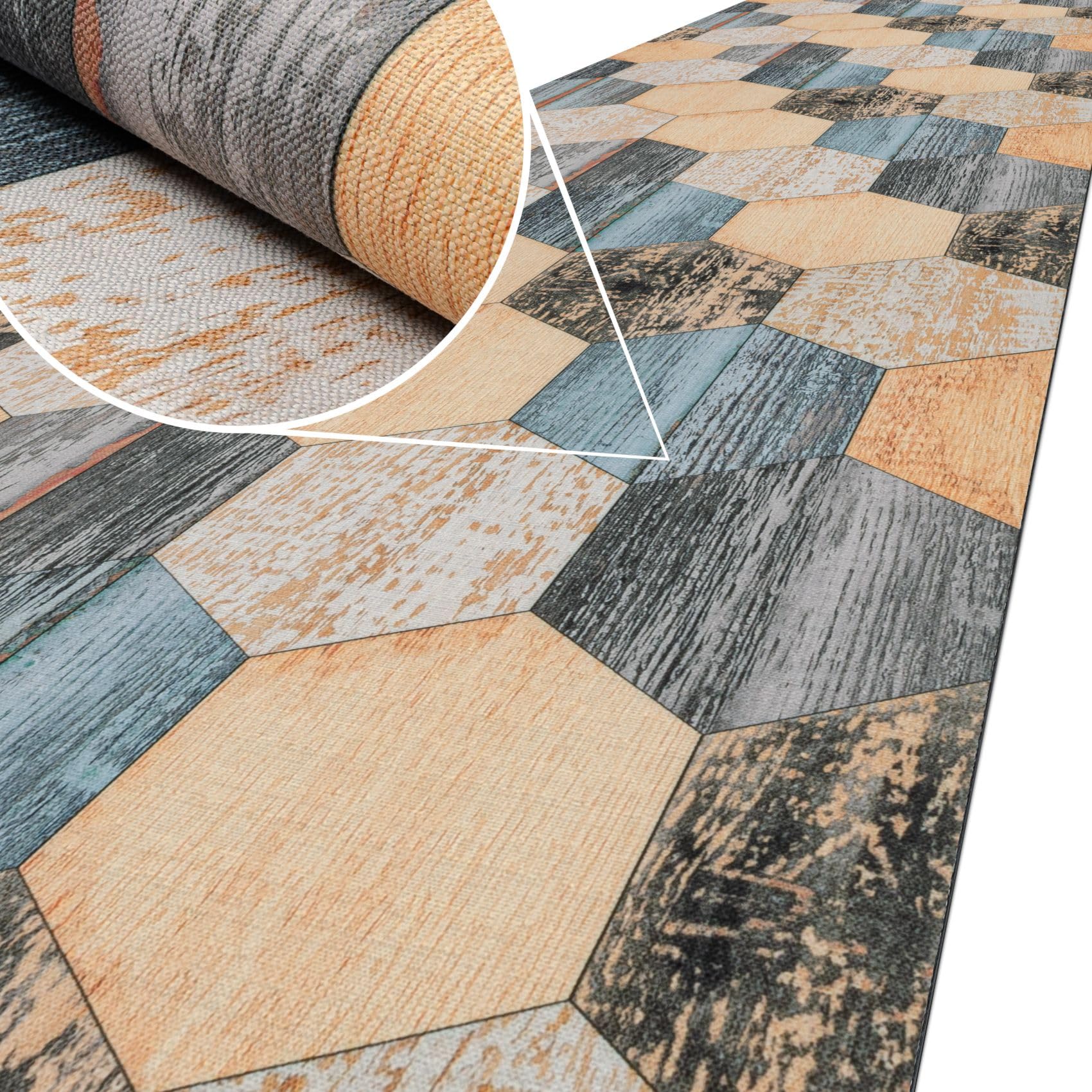 ANRO Küchenläufer Teppich Läufer Küchenteppich Flur Läufer Küche awaschbar pflegeleicht Holz Patchwork 350x65cm