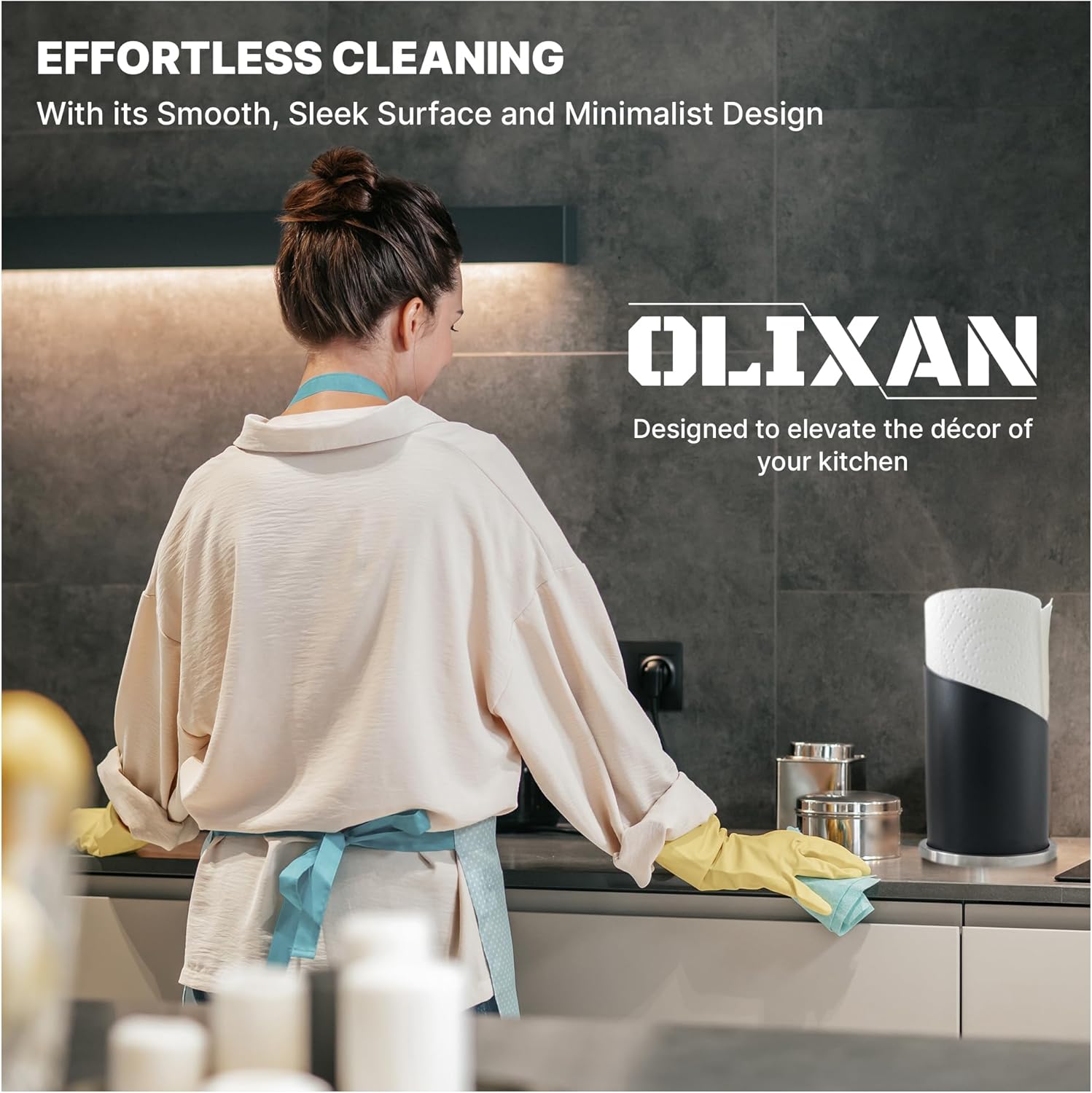 Stainless Steel Paper Towel Holder Countertop, Modern Spiral Cover Design,Keep Paper Towel Clean,Weighted Base for Stability, Freestanding Easy One-Handed Operation for Kitchen Bathroom (Black)