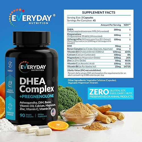 Miniatura 4 de DHEA - Complejo micronizado de 200 mg con pregnenolona Suplemento de 100 mg para hombres y mujeres con Ashwagandha, DIM, magnesio, boro, calcio,