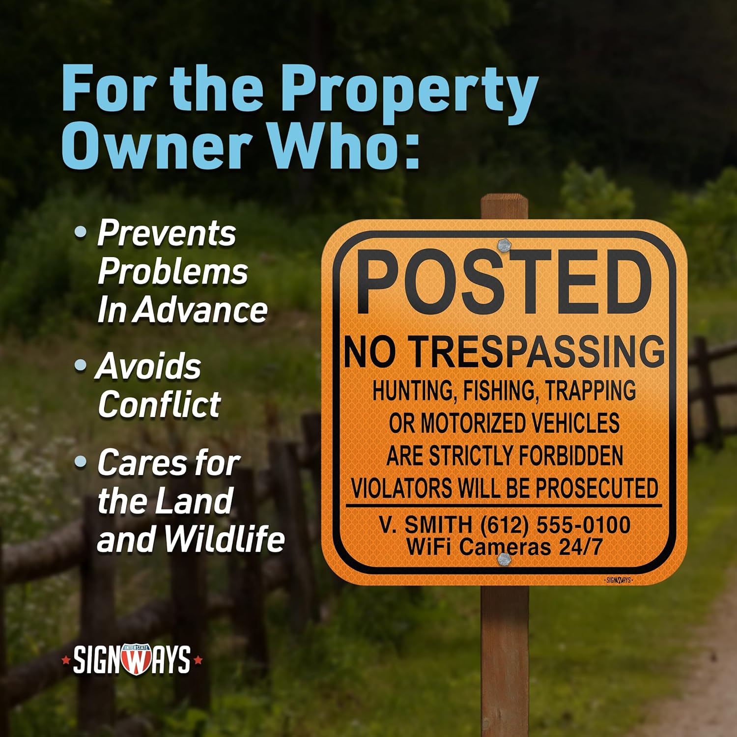 SignWays Customizable Posted Signs | No Trespassing Hunting Trapping Fishing Motorized Vehicles With Your Name Address Phone Number | Aluminum Weatherproof Made in USA SignWays | Orange/Black 12x12”