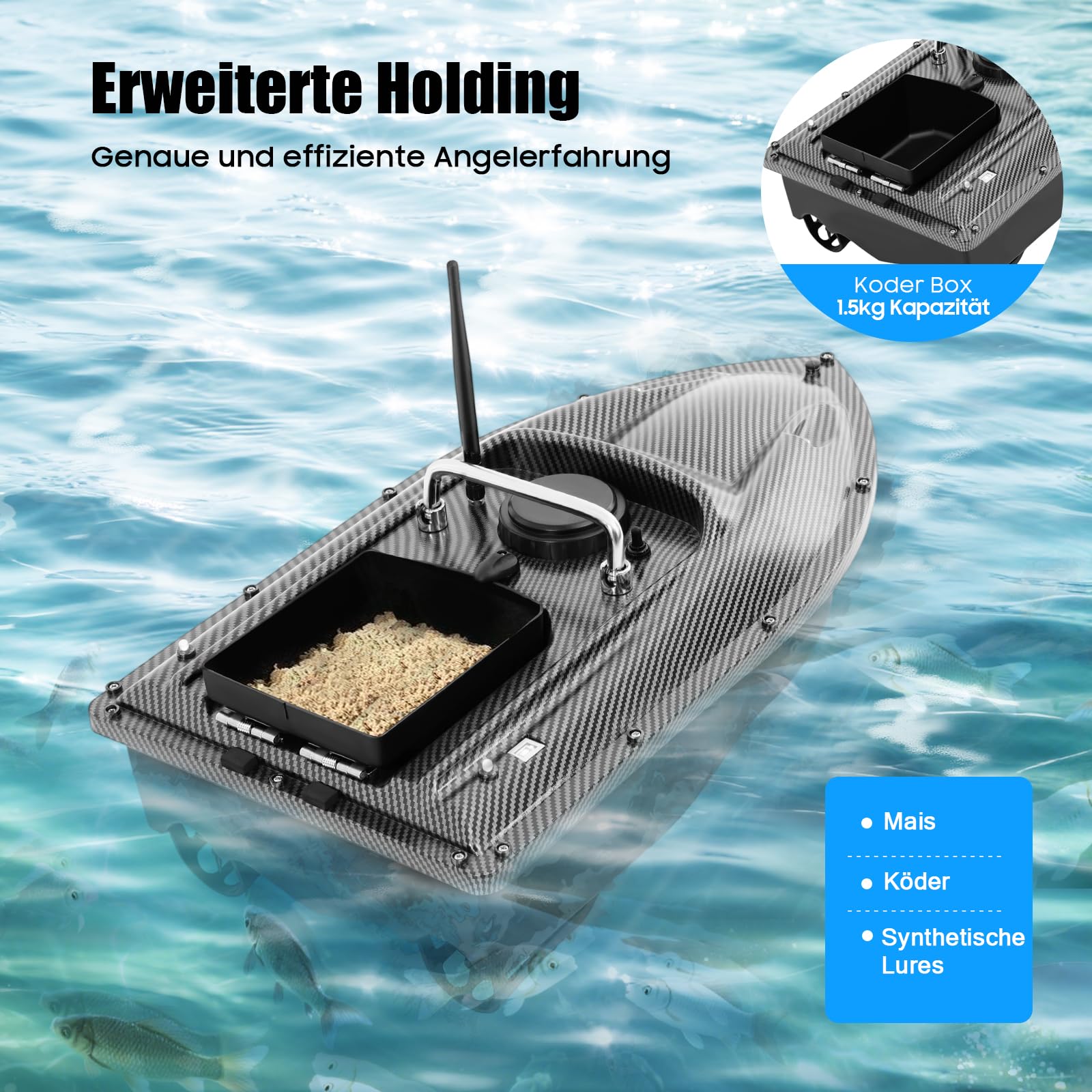 Barca per mangimi con GPS 500 m RC Bait Boat 1,5 kg, con luce a LED, doppio motore per pesca notturna, esca da pesca, barca con controllo remoto, ritorno automatico, barca con ecoscandaglio