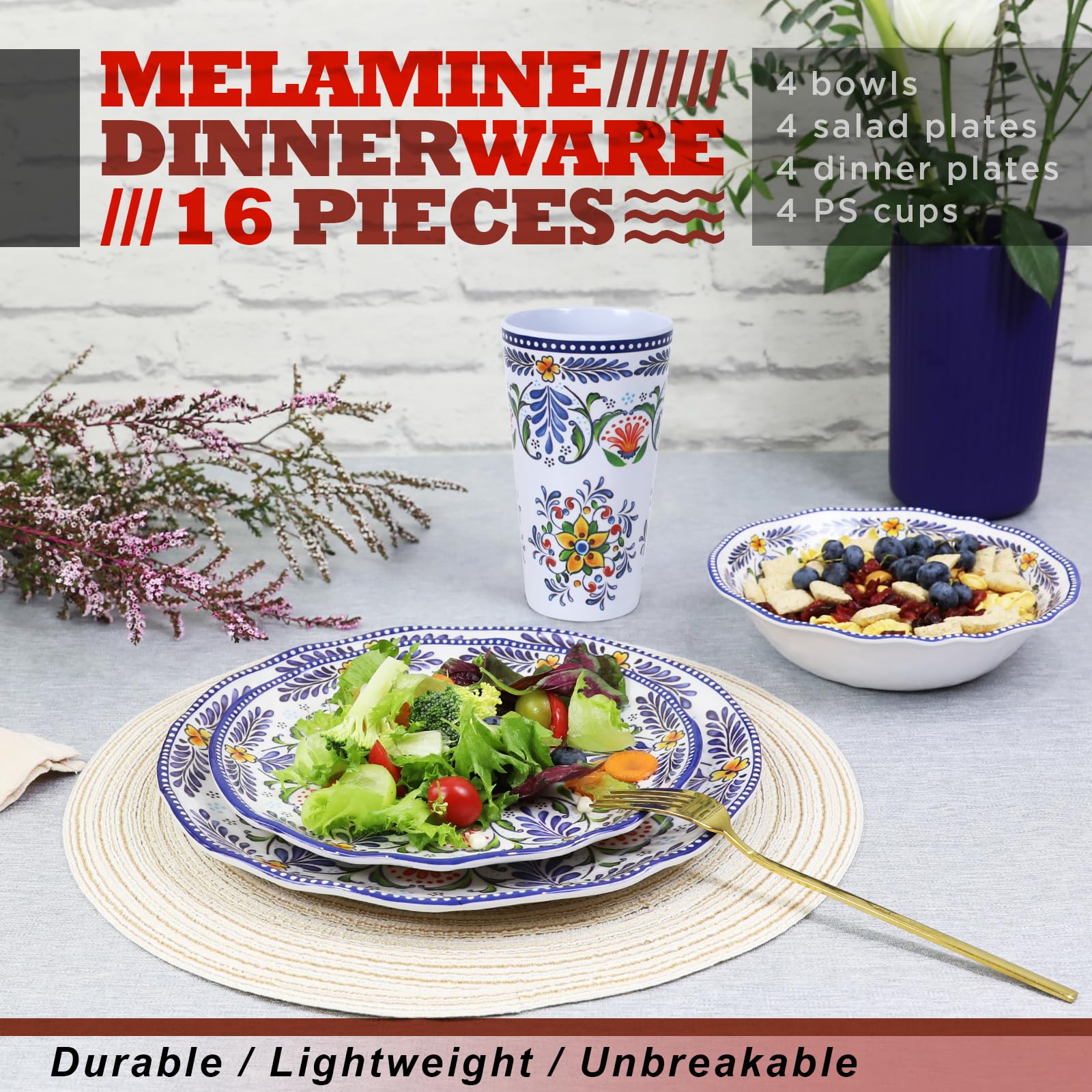 Juego de vajilla de melamina para 4-16 piezas: juego de platos de camping con platos llanos, platos de ensalada, tazas y cuencos. Ligero e irrompible, uso en interiores y exteriores, flor28
