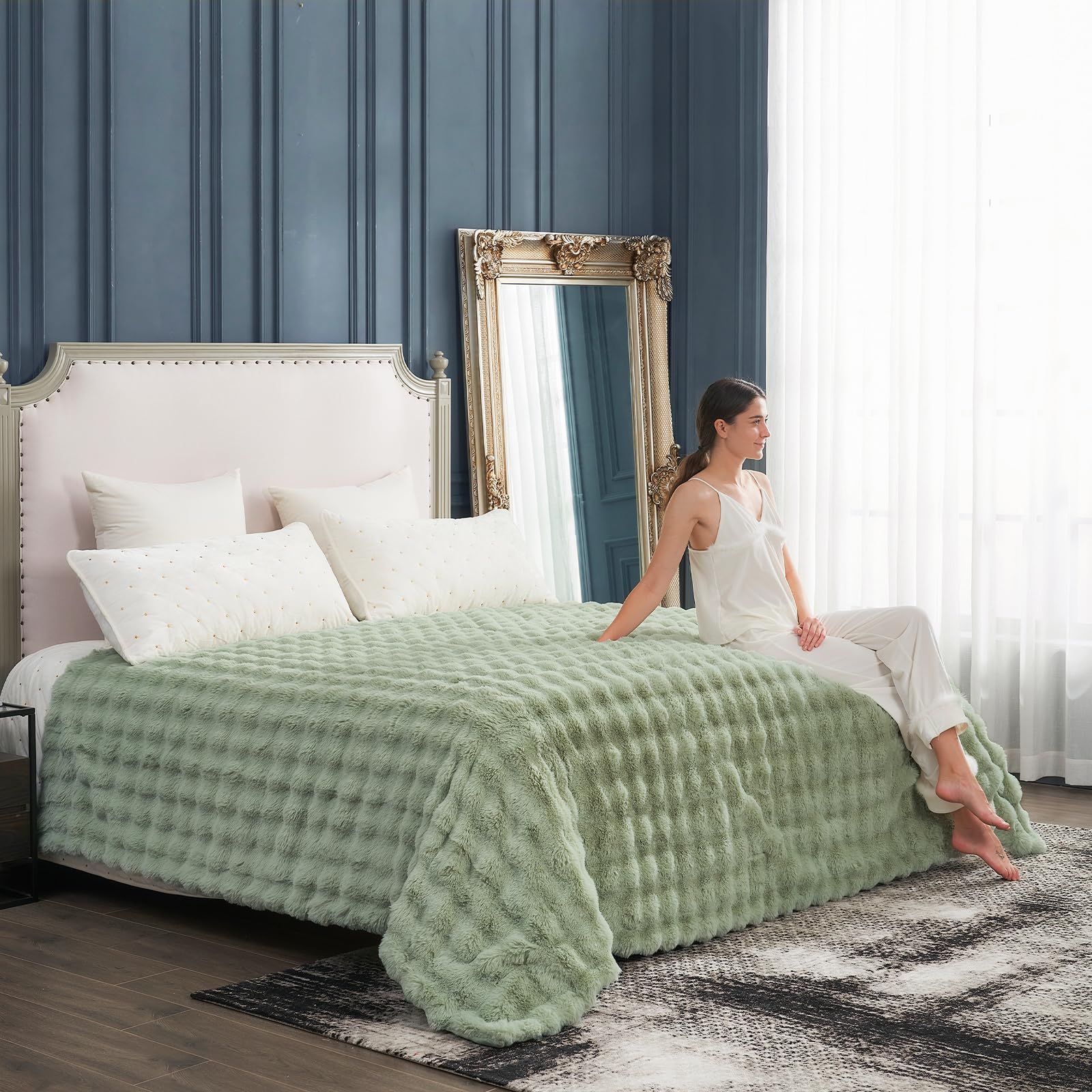 Cozy Bliss Bubble Faux Fur Throw Blanket King Size, Sage Green, 108"x90" — image 1