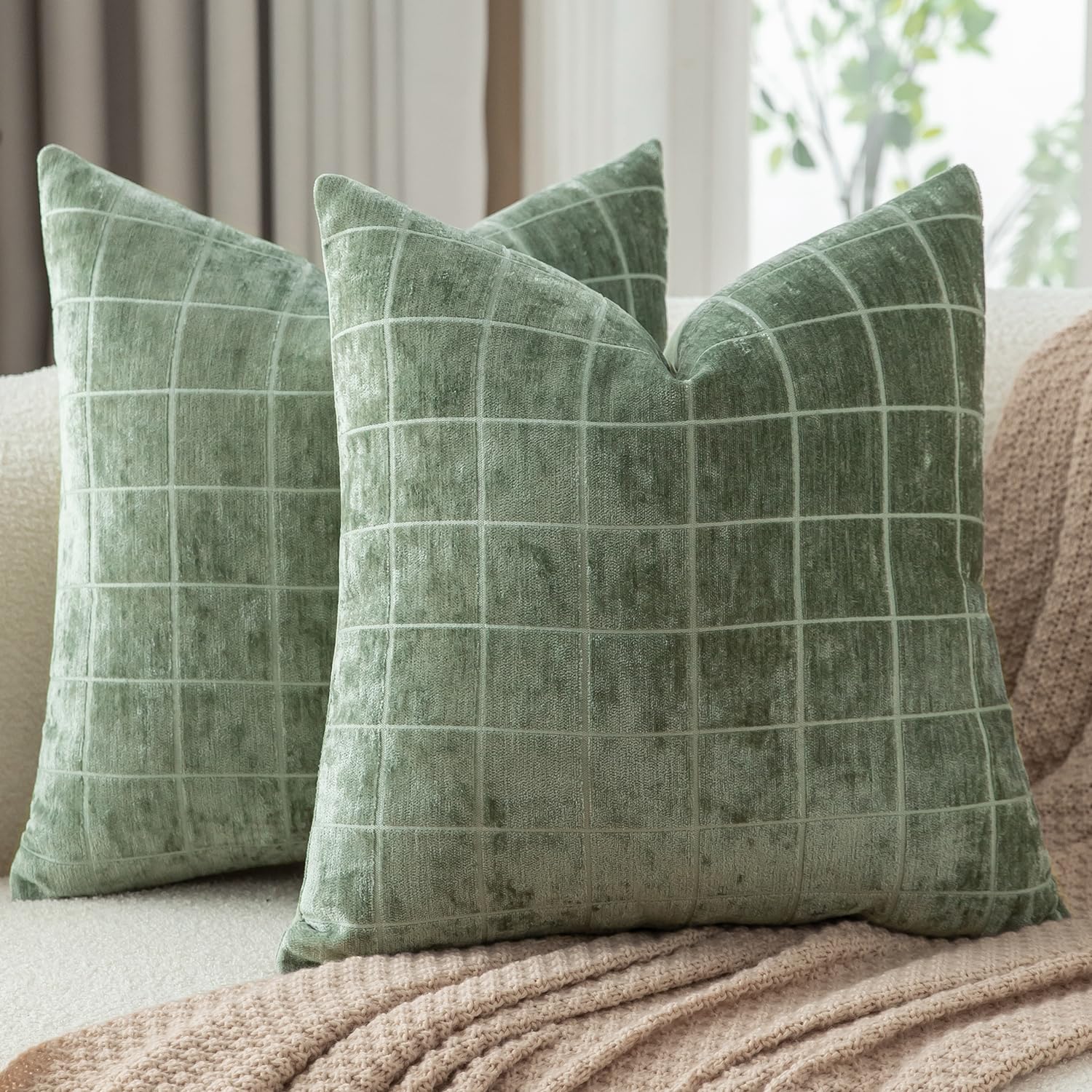 Mandioo Pack of 2 Chenille Check Cushion covers 45x45cm 18x18 Inch Vintage Plaid Decorative Pillow Covers Soft Velvet Backing Throw Pillow cases Farmhouse Sofa Couch Bed Living Room SageGreen โ image 1
