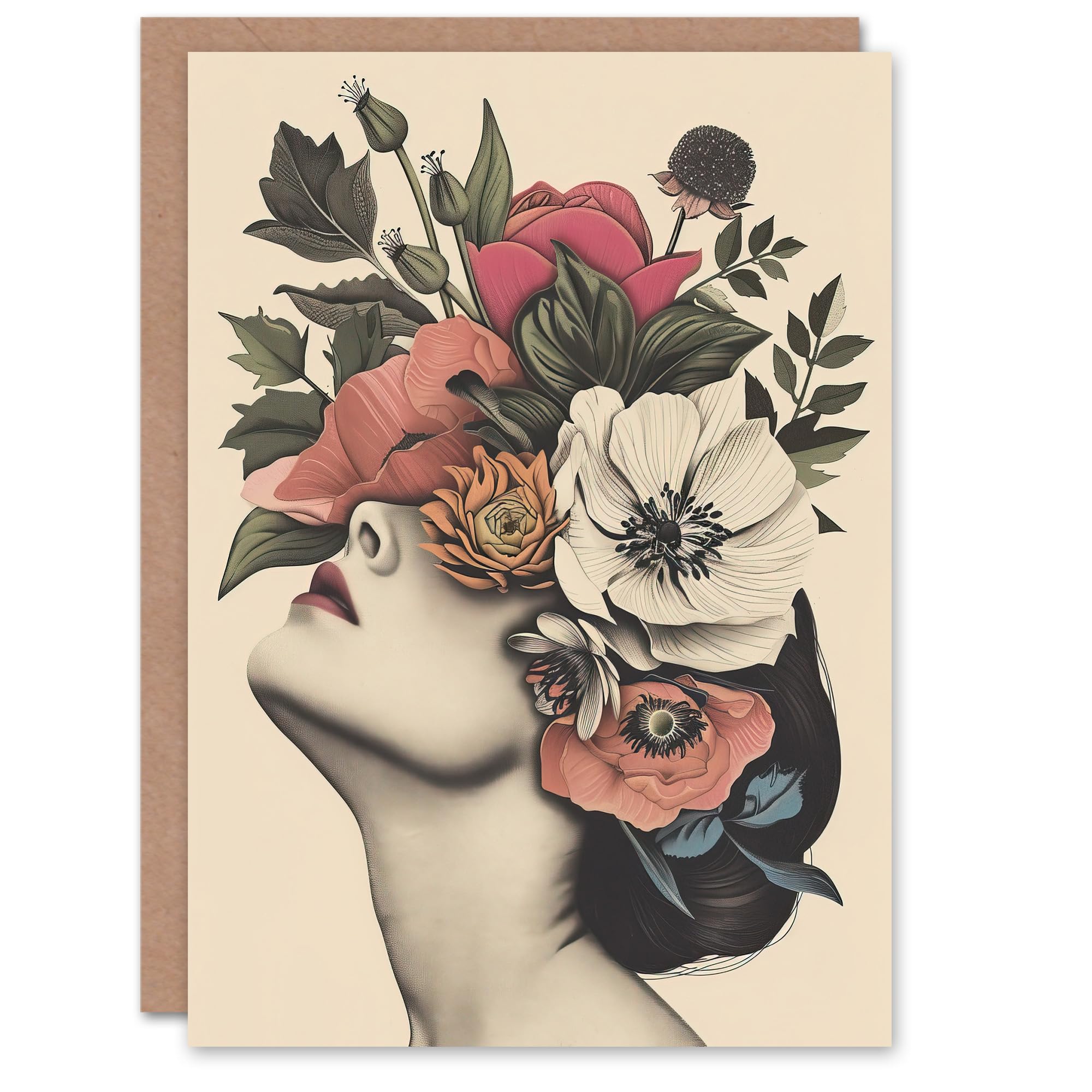 Artery8 Woman Flower Headdress Vintage Style Flowerpunk Greeting Birthday Card Him Her All Blank