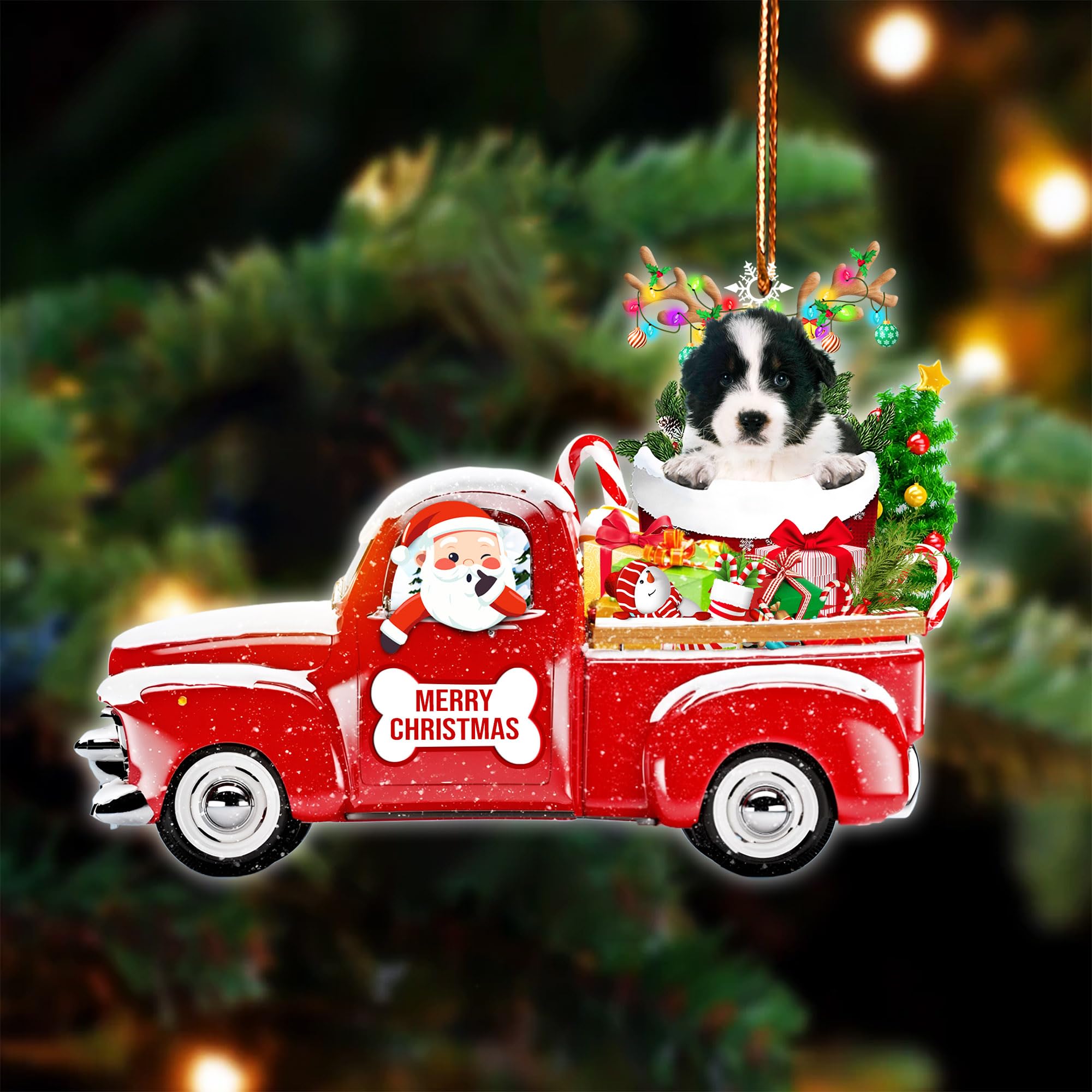 Sheepa Doodle On Red Car Ornament Christmas Dog Ornament Memorial Gift Acrylic 2 Sided, Flat 2D Mica Hanging Ornament, Xmas Tree Decor, Gift for Dog Lovers