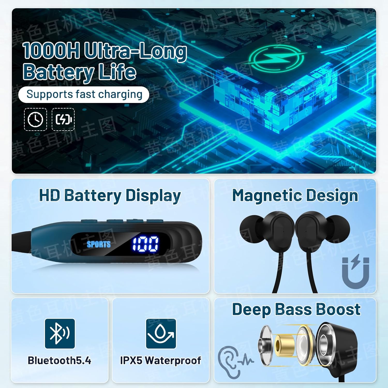 Neckband Bluetooth Headphones, 1000H Extra Battery Life with Display Magnetic Earphones,Wireless Stereo Earbuds with Microphone, Waterproof in-Ear Headset for Sports/Workout/Office (Cyan Green) - Image 2