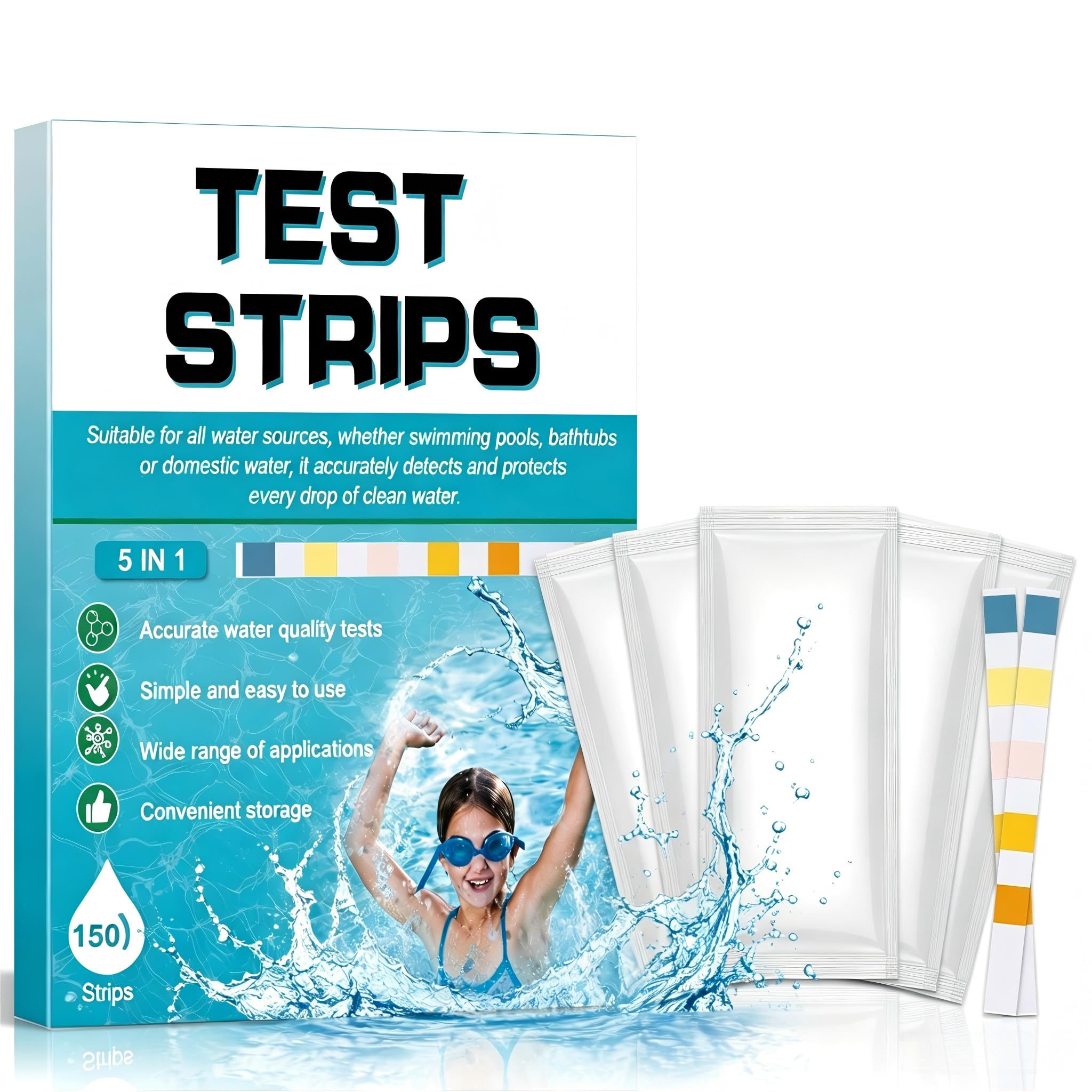 150 Pool Test Strips, 5 in 1 Pool & Hot Tub Test Strips, Chlorine Test Strips, PH Test Strips for Total Hardness, Chlorine, Bromine, pH and Total Alkalinity