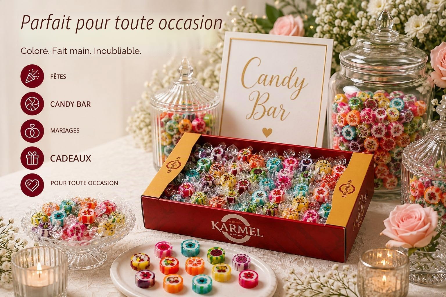 Bonbons fruités 1kg, bonbons durs aromatisés, fabriqués à la main dans des designs uniques, grande boîte de bonbons d'un petit producteur familial