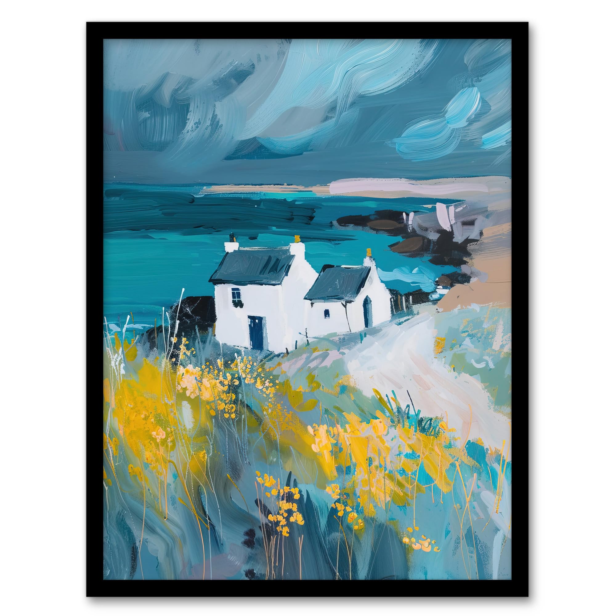 Artery8 Coastal Scottish Cottage Wildflowers Oil Painting Living Room Artwork Framed Wall Art Print A4