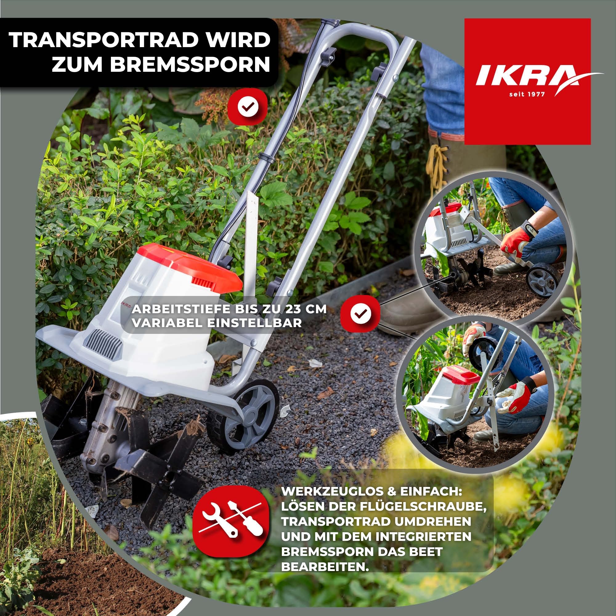 IKRA Elektro Bodenhacke IET 1030, Arbeitsbreite 30cm, Arbeitstiefe 20cm | Boden lockern und Saatbett vorbereiten, 1080W, Bremssporn, Transportrad, platzsparend zusammenklappbar, Überlastschutz