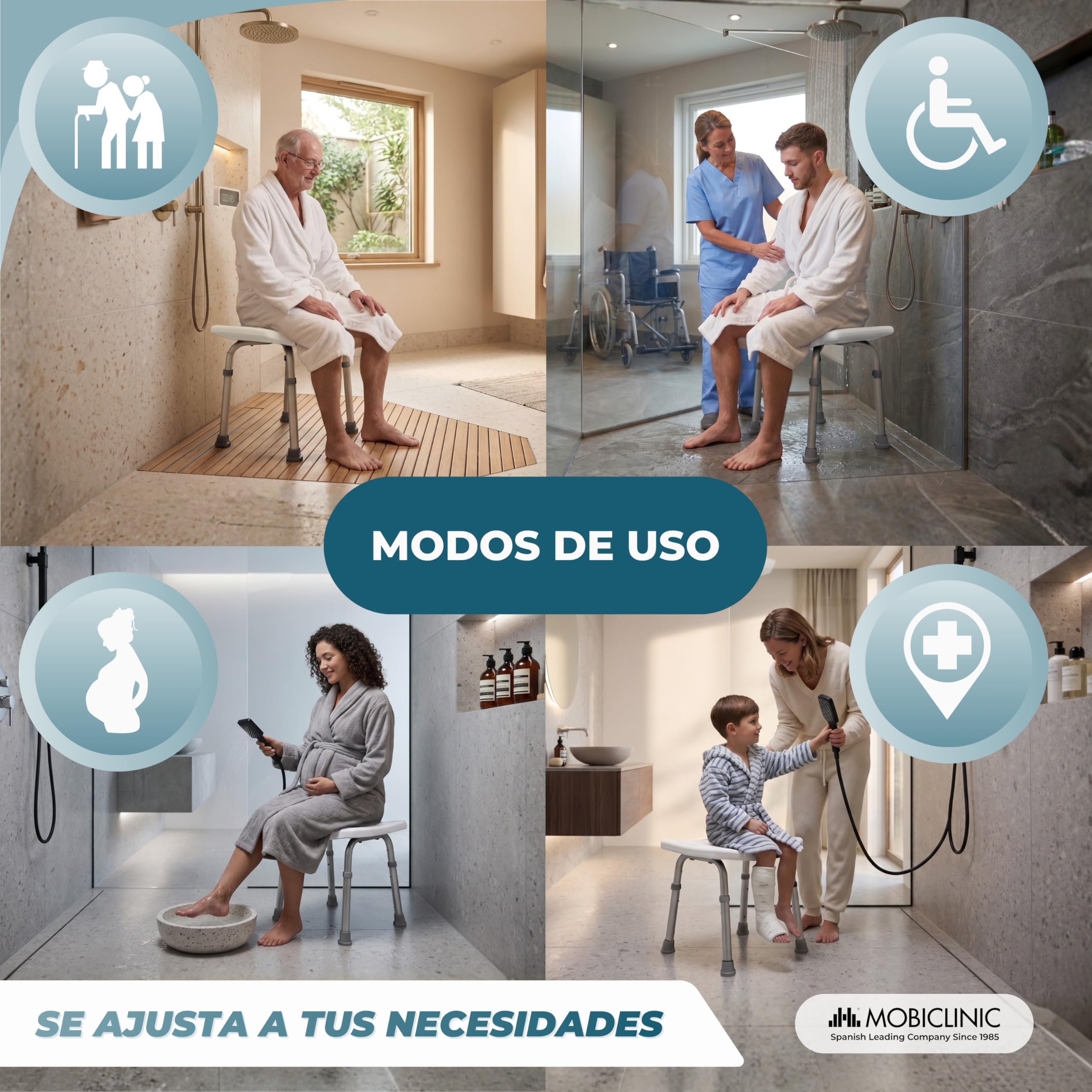 Mobiclinic®, Taburete de Baño, Conteras Antideslizantes, Regulable en 7 Alturas, Asiento en U, Agujeros Drenaje, hasta 100 Kg, Ligero, Fácil Montaje, Aluminio, San Fermín