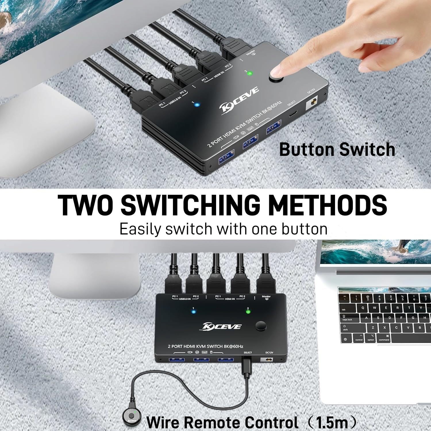 Przełącznik HDMI KVM 2 PC 1 monitor 4K 144 Hz 8K 60 Hz, 2 x 1 KVM Switch HDMI 2 porty do 2 komputerów Share 1 Monitor i 3 urządzenia USB 3.0, z przewodowym pilotem, kablem USB 3.0 i adapterem