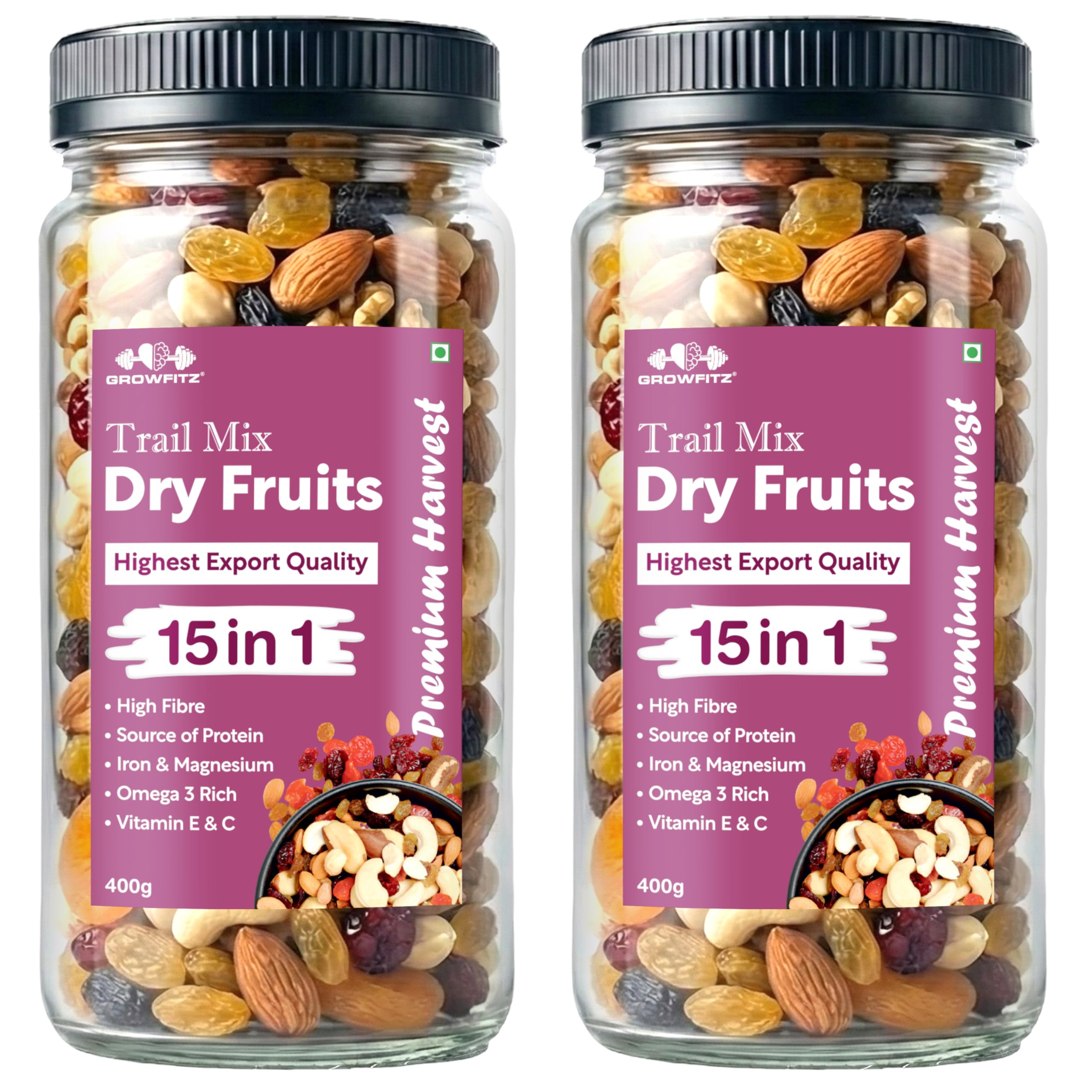 Growfitz Premium 15-in-1 Trial Mix 400g | Healthy Mixed Dry Fruits, Nuts & Seeds | Cashews, Almonds, Pistachio, Cranberries, Raisins, Pumpkin, Sunflower | High Protein Snack | Reusable Jar, Pack of 2