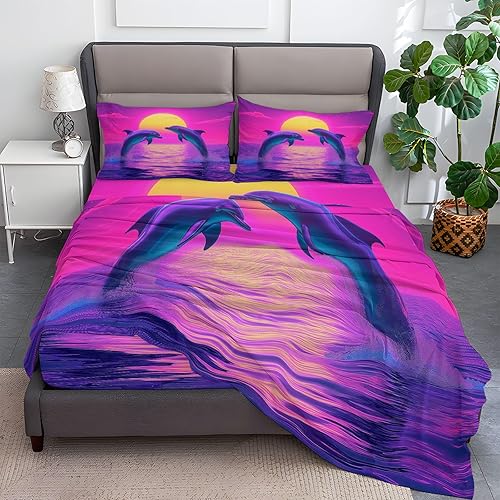 Juego de sábanas de 4 piezas para cama de agua de mar morada, diseño de delfín, estilo Synthwave, para niños, decoración de habitación, sábana