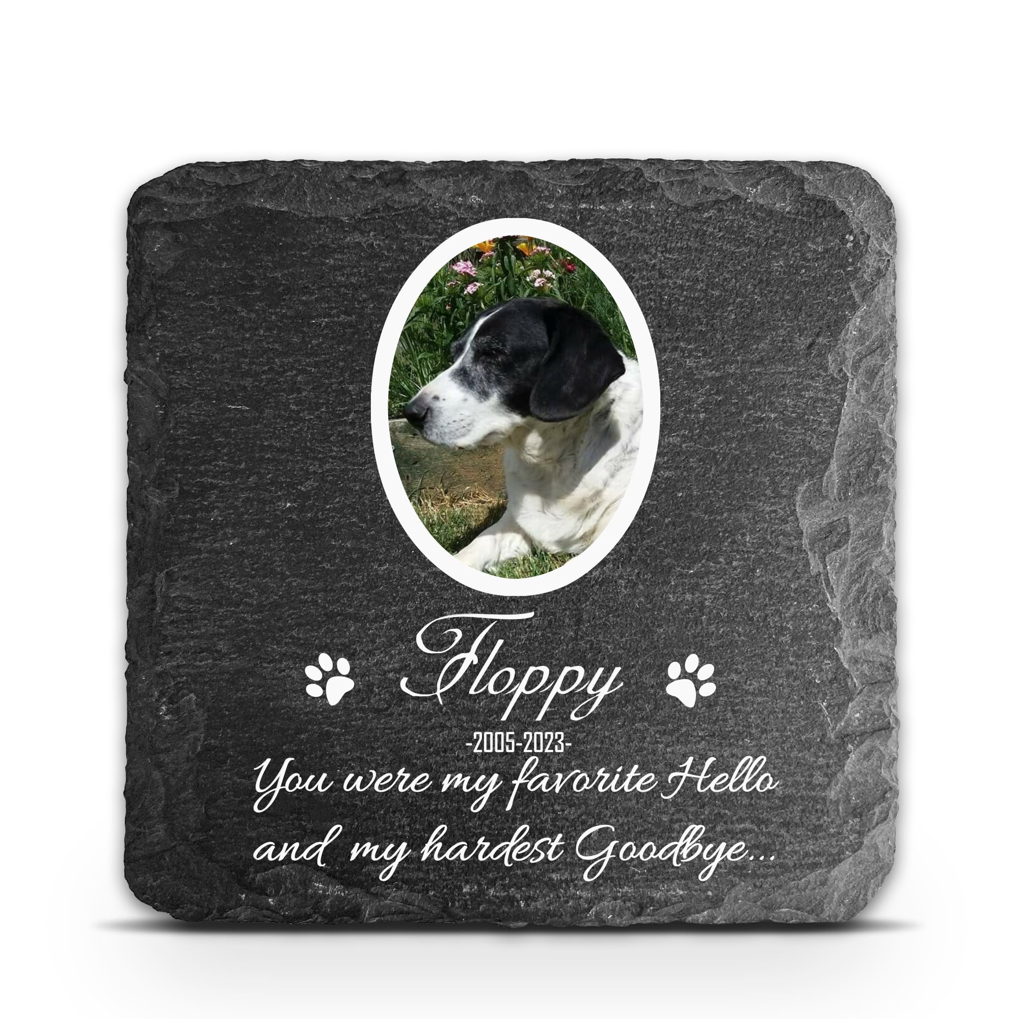 TULLUN Personalised Square Memorial Plaque For Pet Cat Dog Slate Stone Frame Paw Grave Marker - Size 5.9" x 5.9" or 150 x 150 mm - White frame Photo — image 1