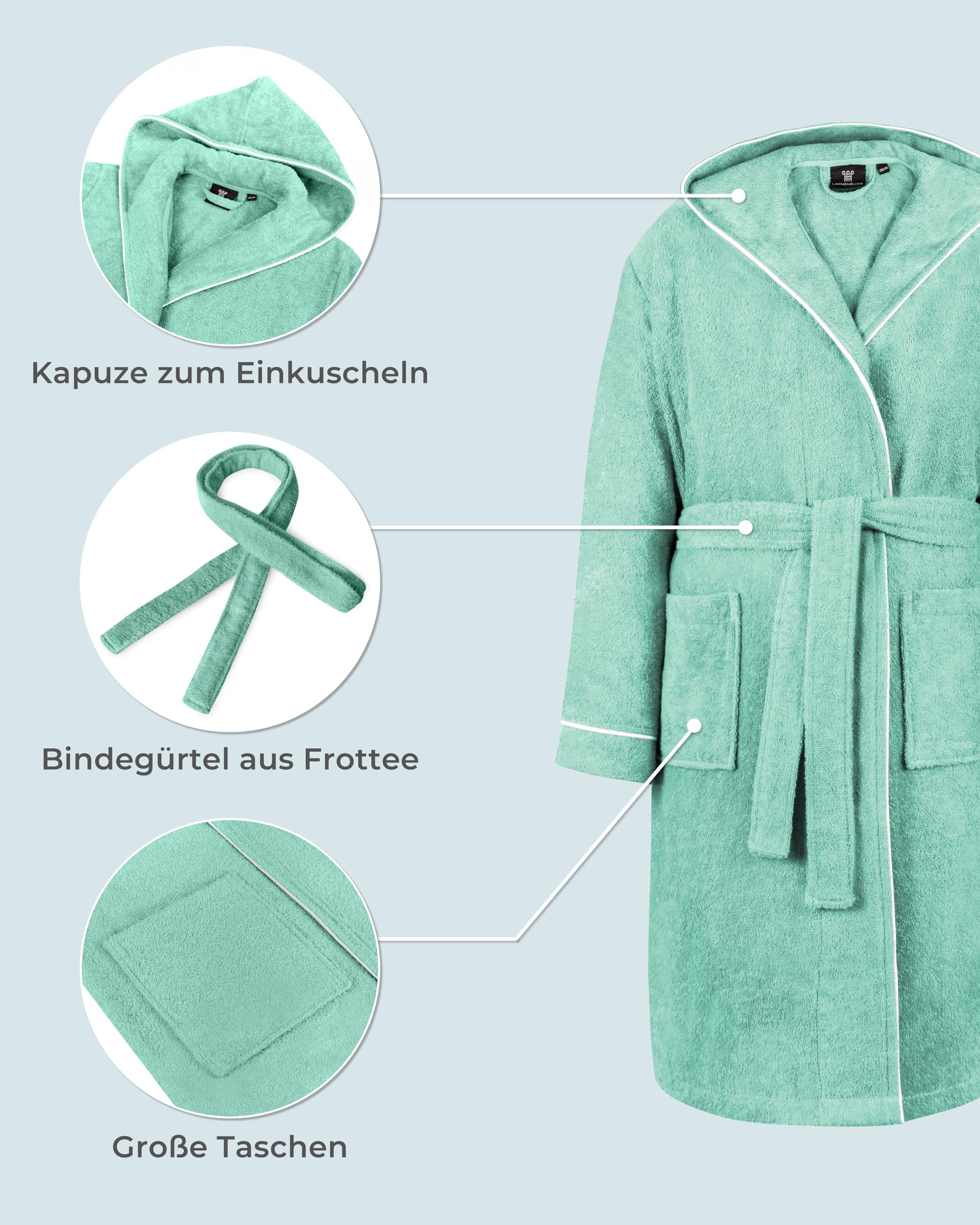 LAYNENBURG Premium Bademantel Kinder & Teenager mit Kapuze - 100% Baumwolle - OEKO TEX Standard 100 - flauschiges Frottee - Größen 110 bis 176
