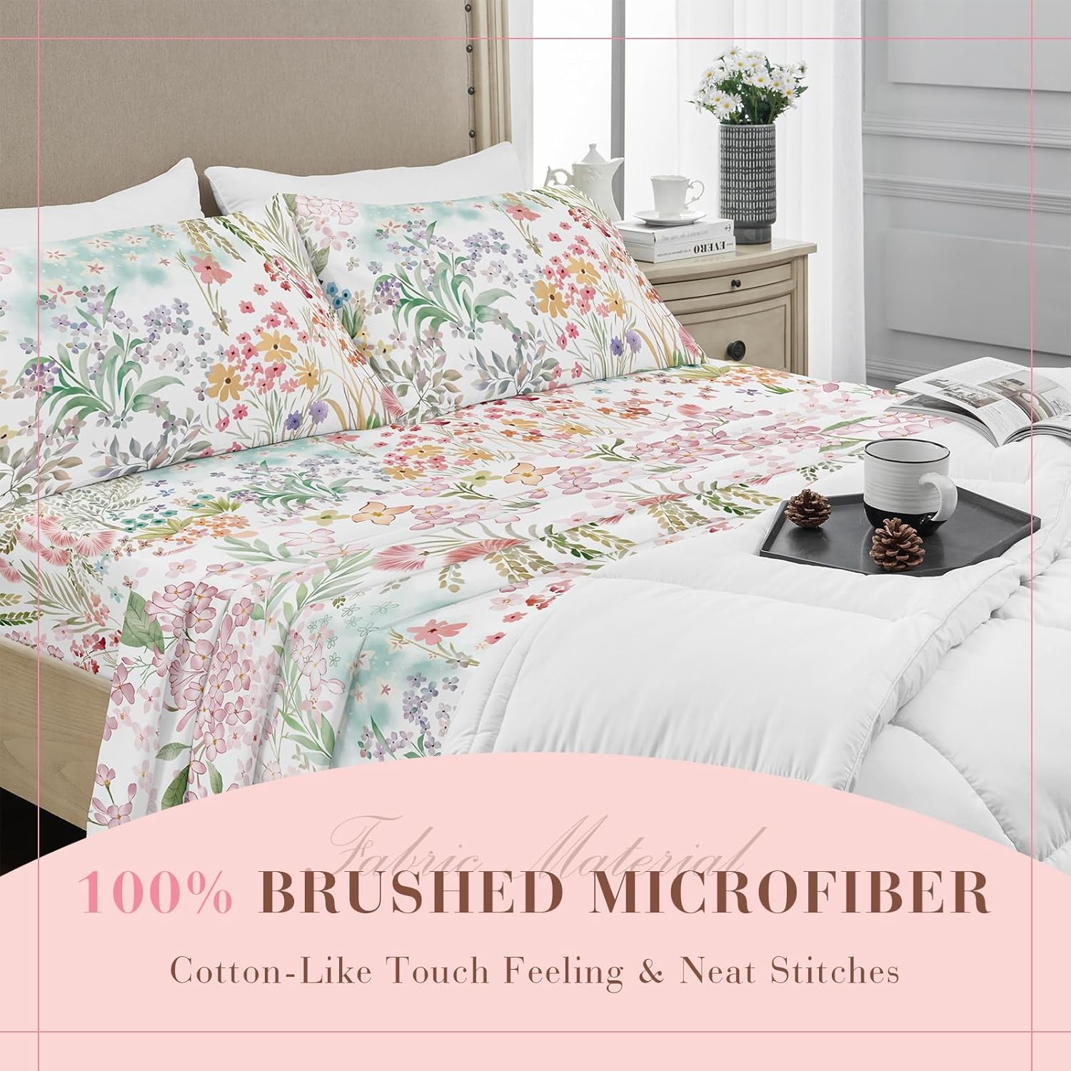 YIYEA Queen Sheet Set, Luxury 1800TC Hotel Quality Double Brushed Microfiber Floral Bed Sheets for Queen Size Bed, Ultra Soft, Deep Pocket, Shrinkage and Fade Resistant, 4PC, Queen